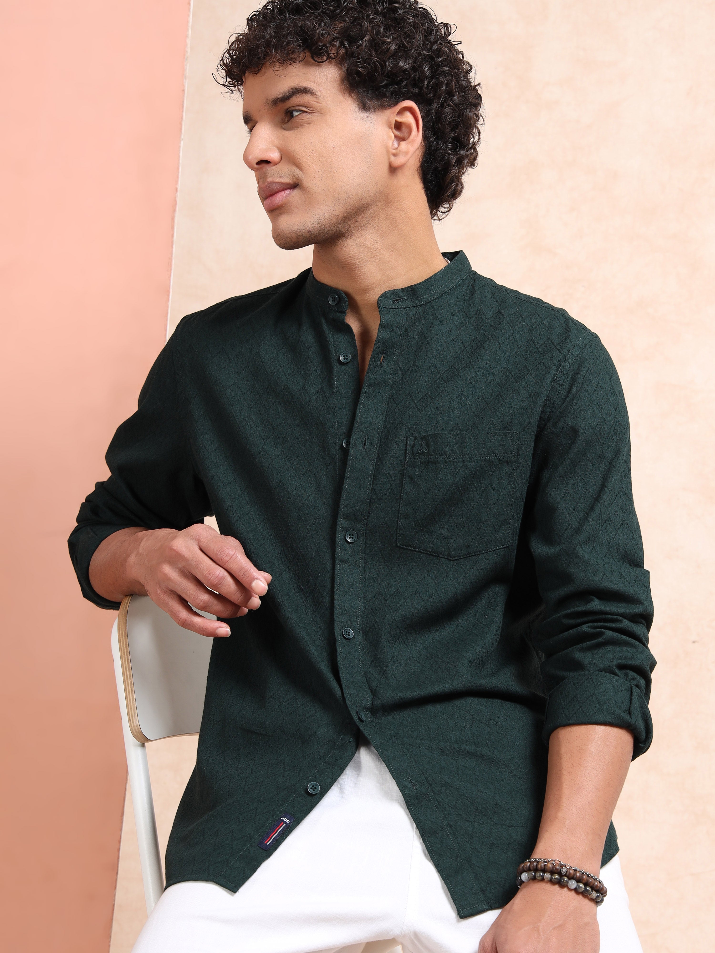 MEN'S FOREST GREEN SOLID SLIM FIT SHIRT