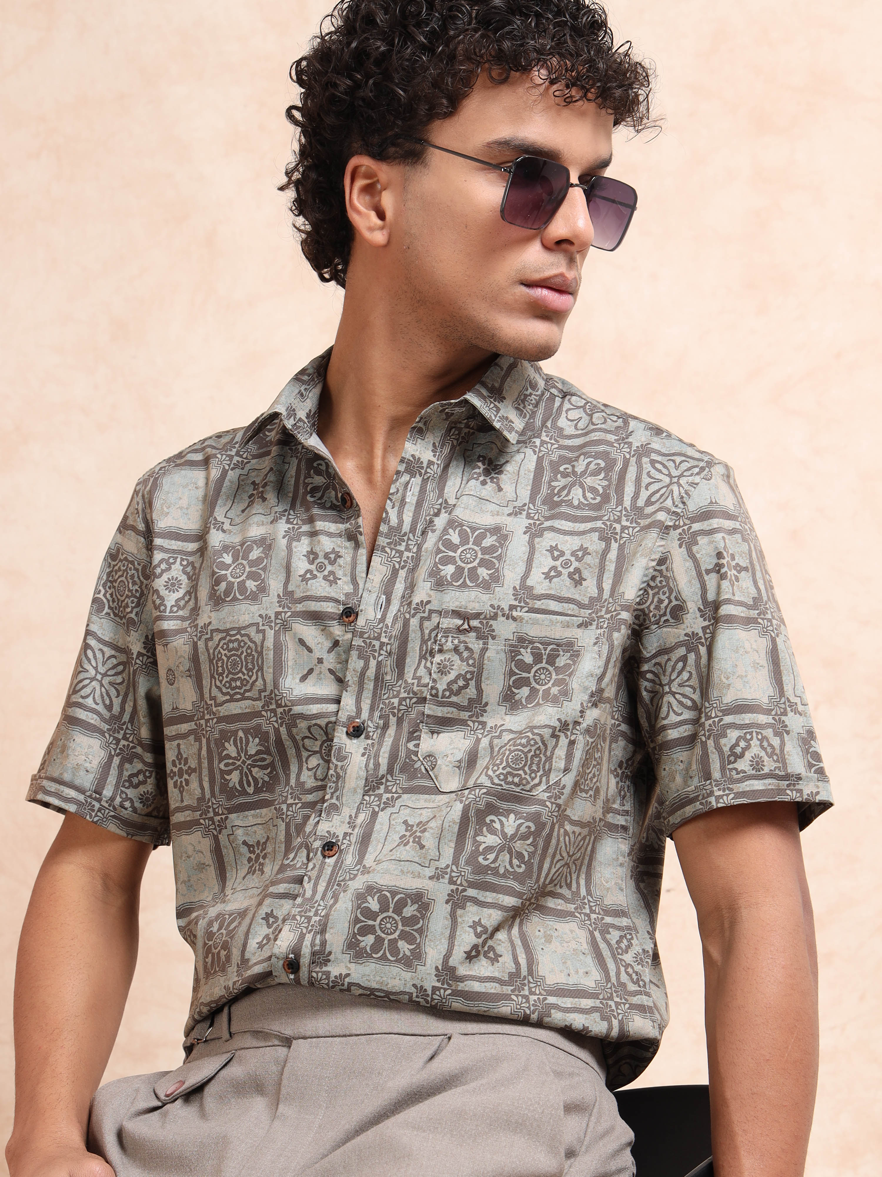 MEN'S DK.BEIGE PRINT SLIM FIT SHIRT