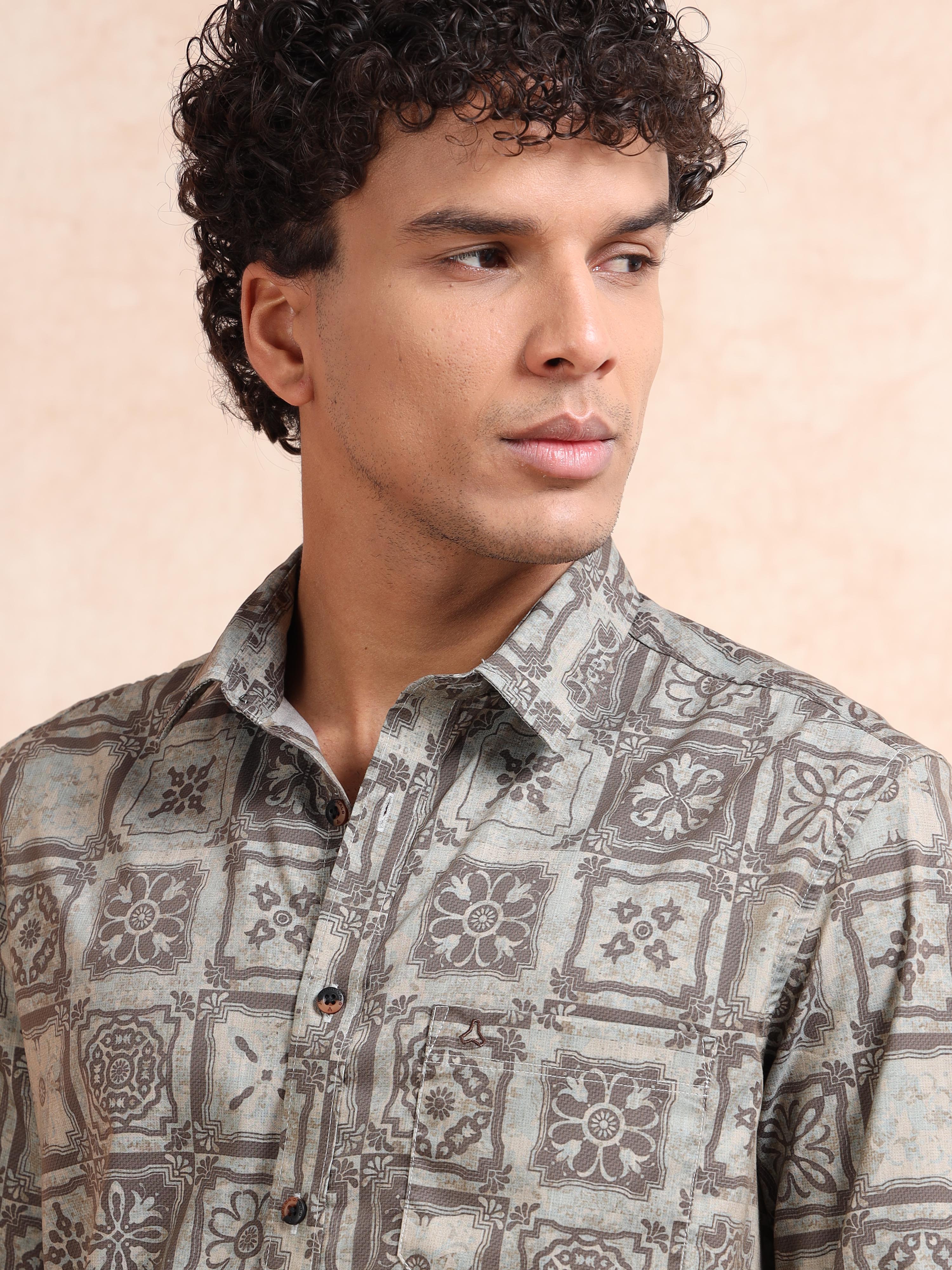 MEN'S DK.BEIGE PRINT SLIM FIT SHIRT