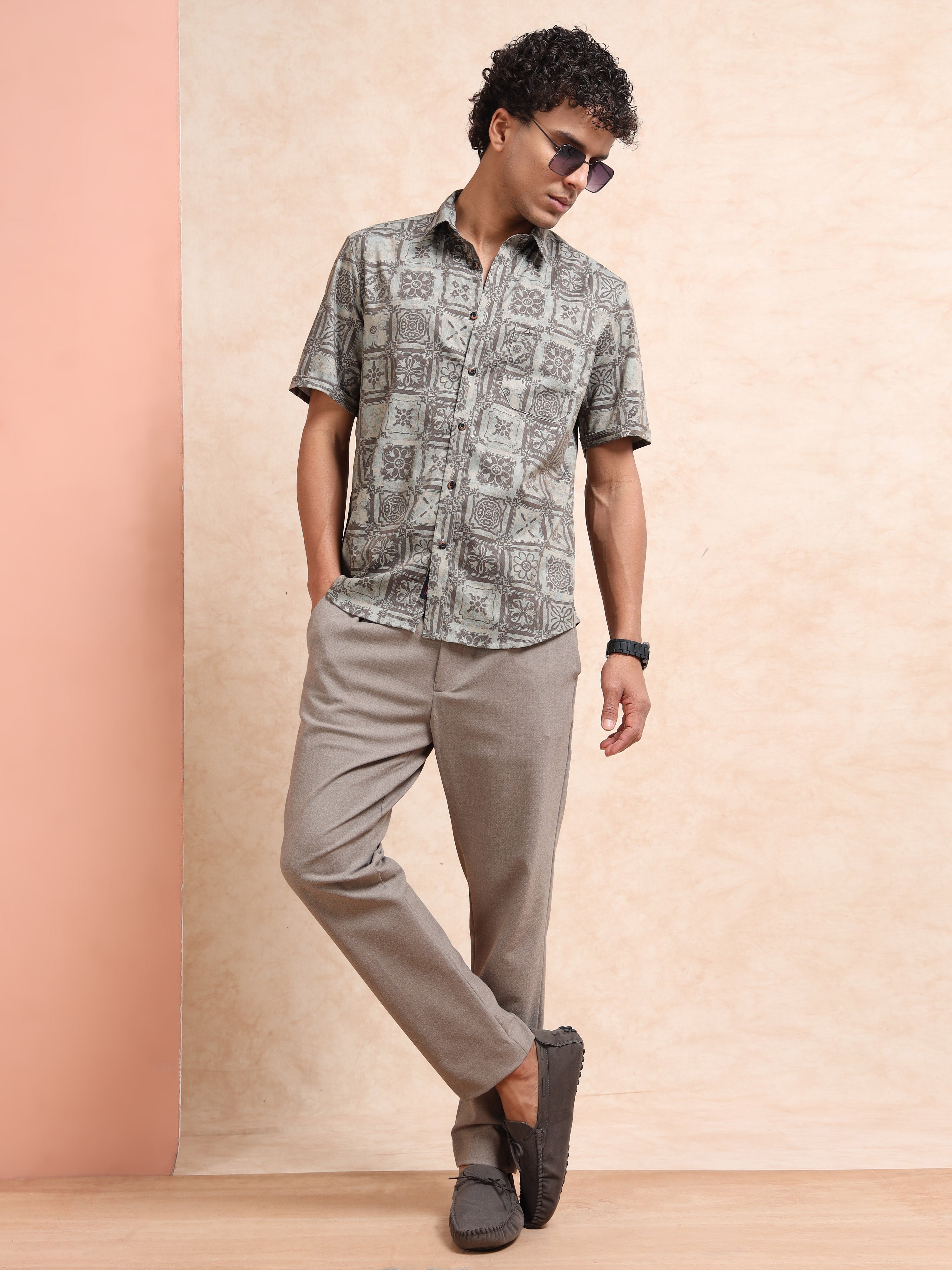 MEN'S DK.BEIGE PRINT SLIM FIT SHIRT