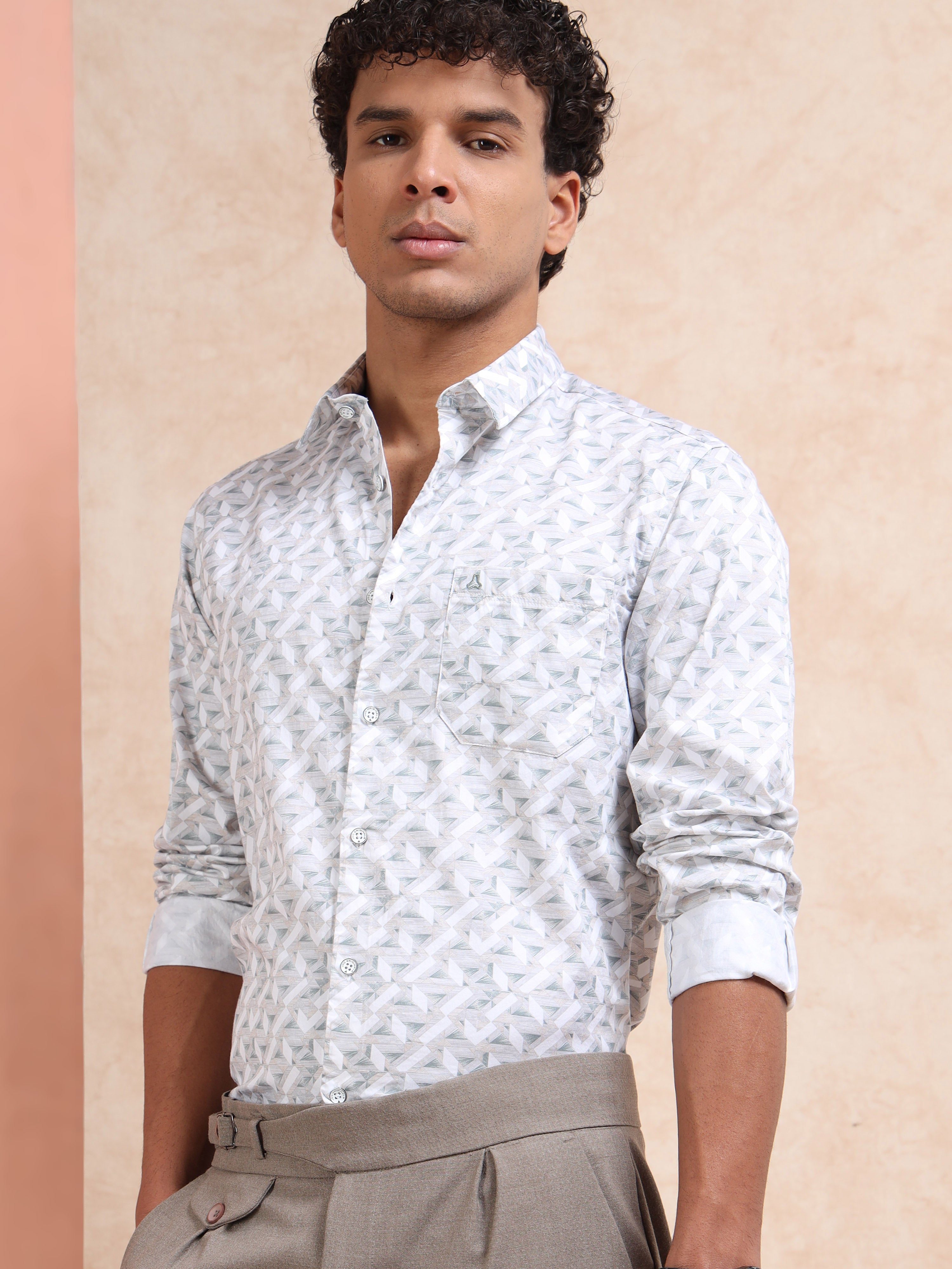 MEN'S BEIGE PRINT SLIM FIT SHIRT