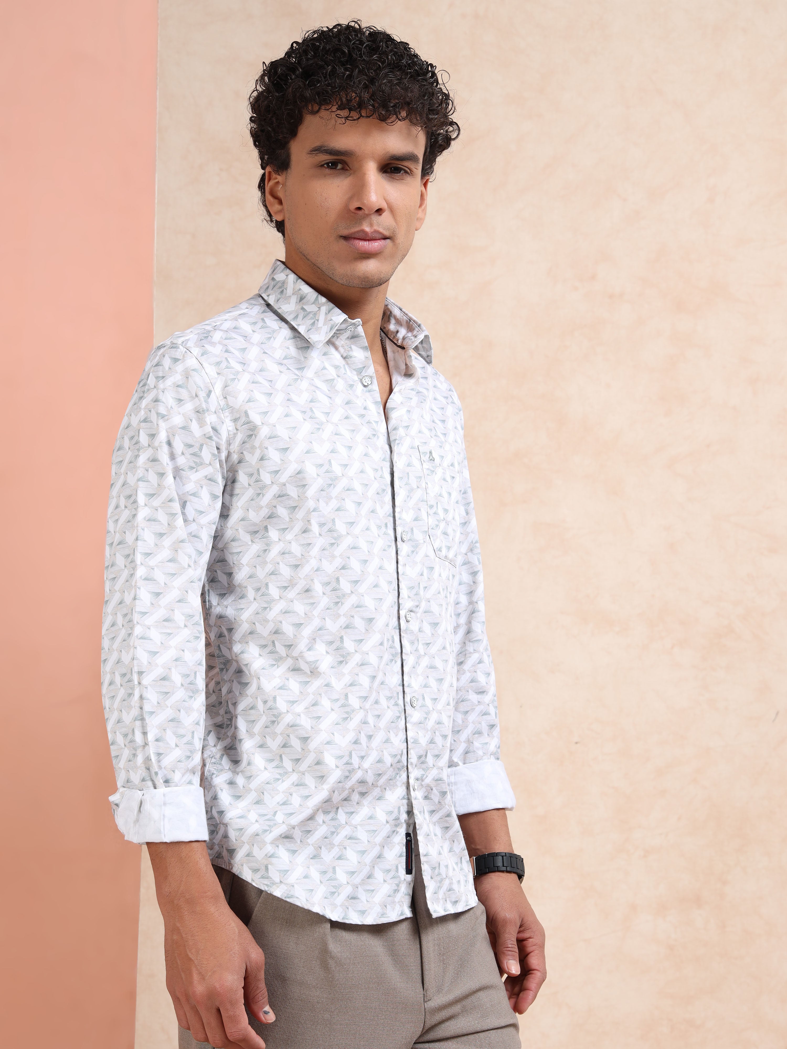 MEN'S BEIGE PRINT SLIM FIT SHIRT