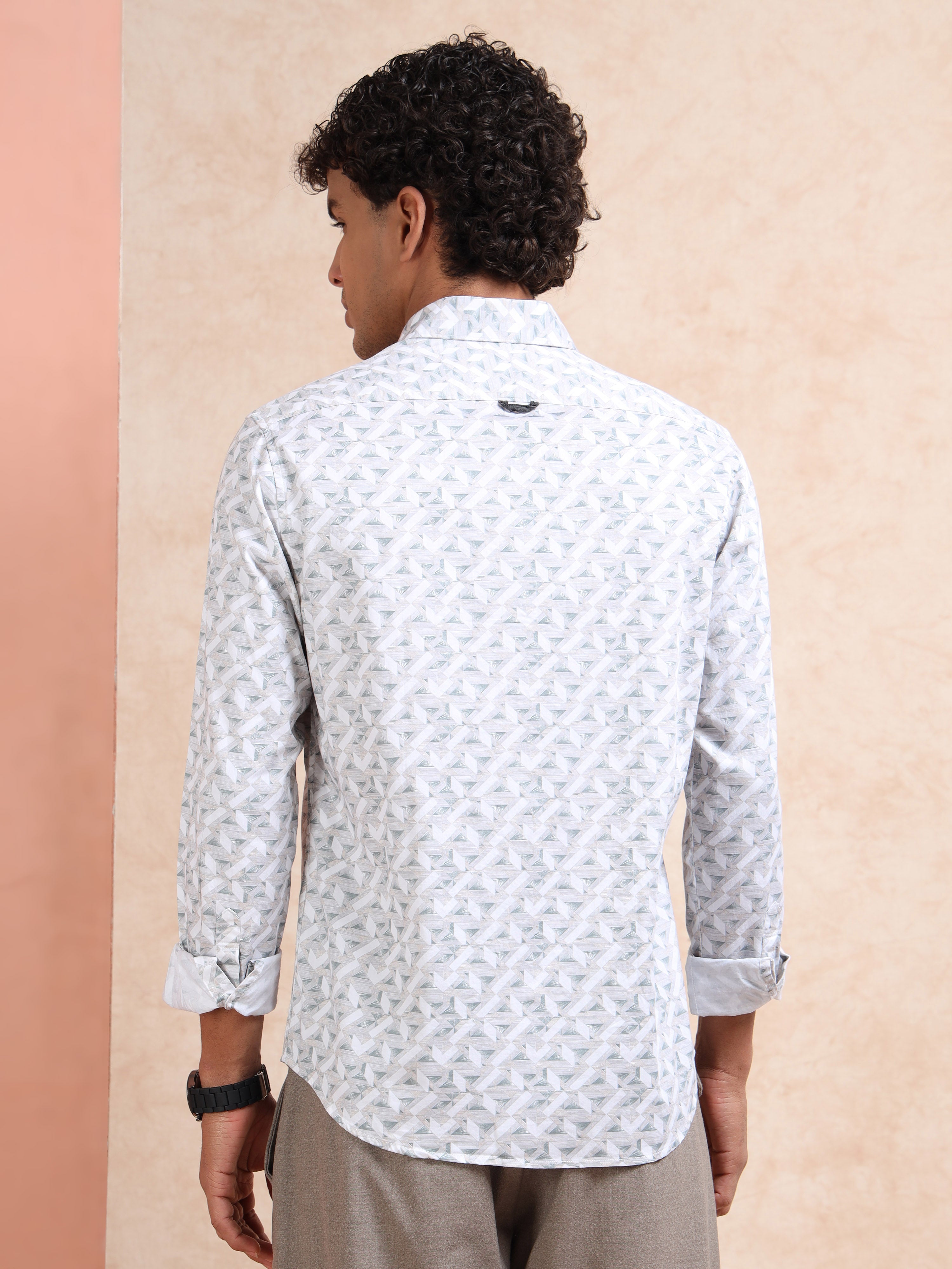 MEN'S BEIGE PRINT SLIM FIT SHIRT