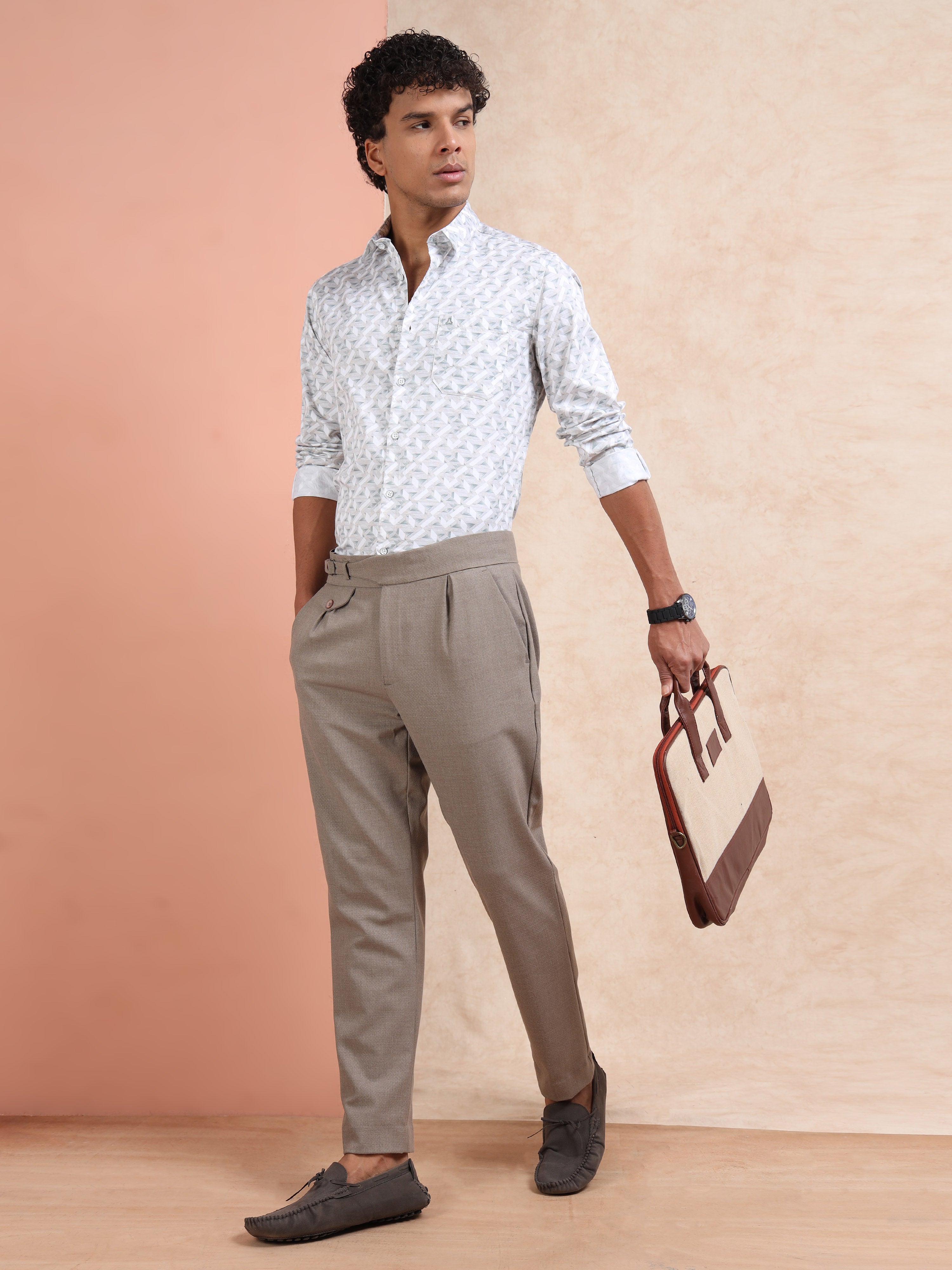 MEN'S BEIGE PRINT SLIM FIT SHIRT
