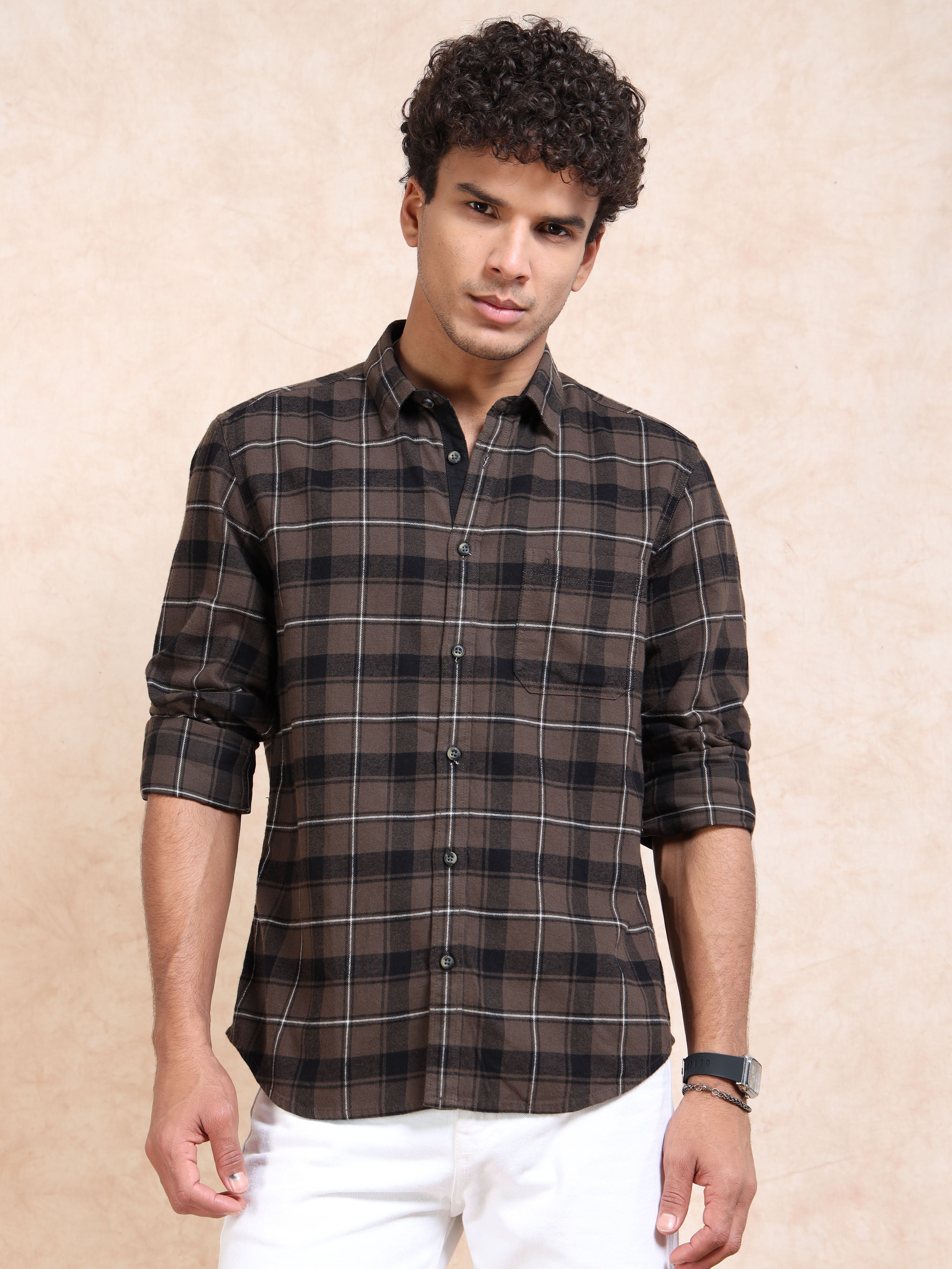 MEN'S DK.BEIGE BRUSHING CHECKS SLIM FIT SHIRT