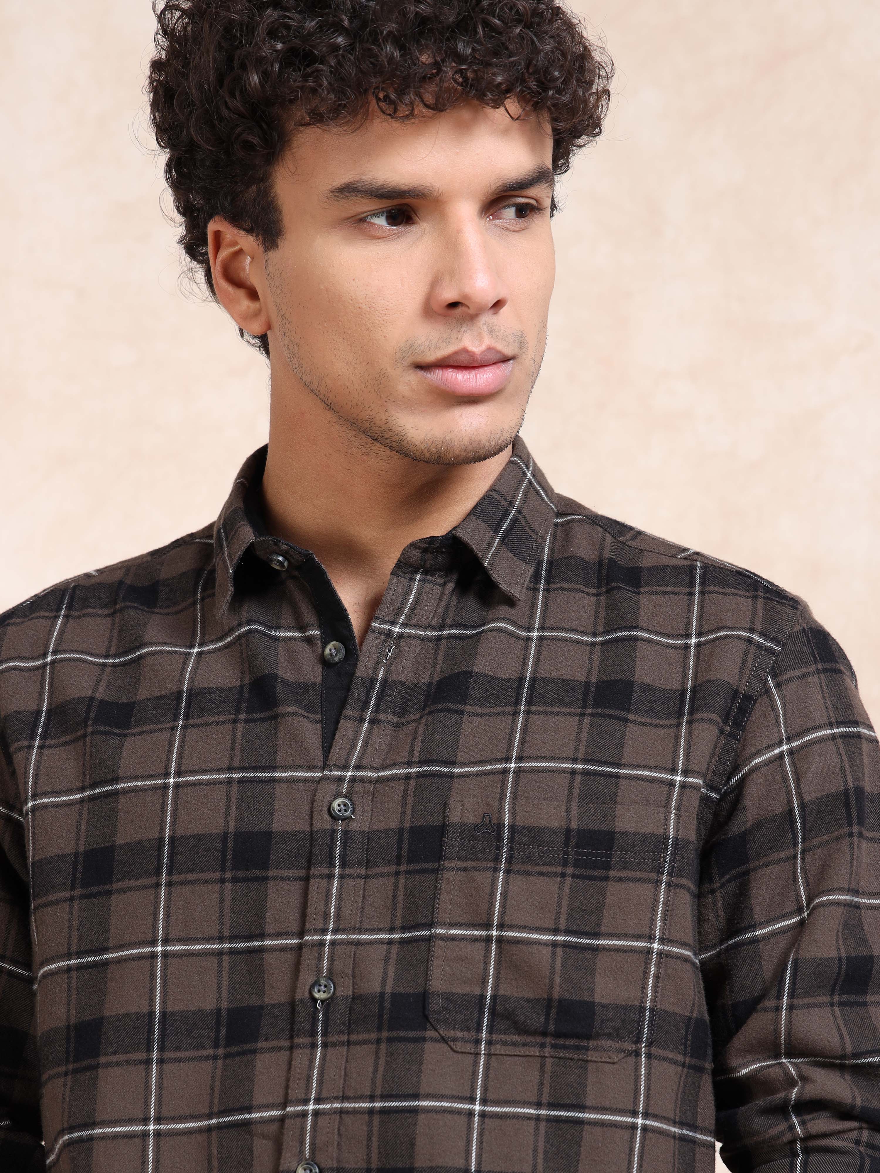 MEN'S DK.BEIGE BRUSHING CHECKS SLIM FIT SHIRT