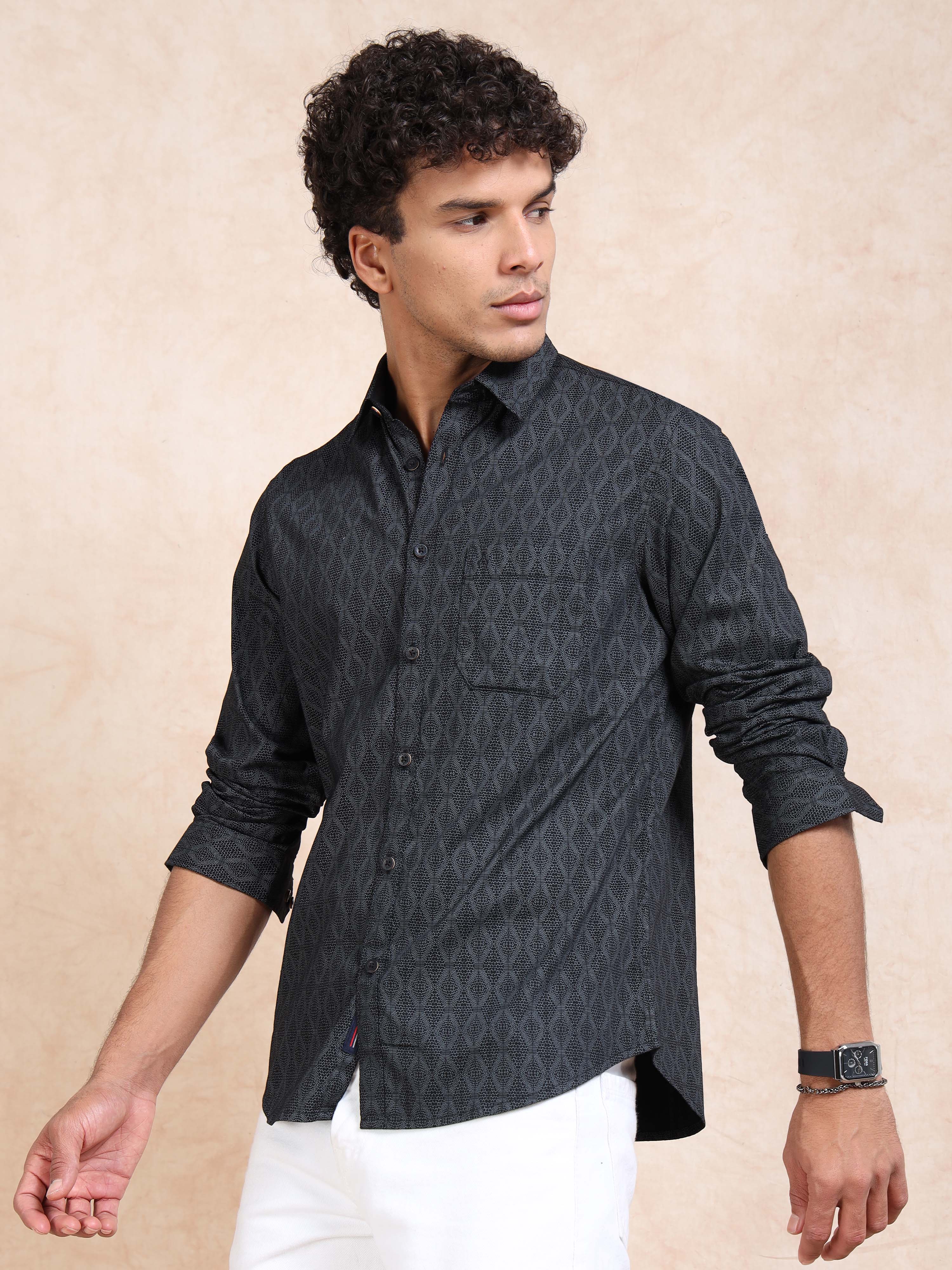MEN'S BLACK PRINT SLIM FIT SHIRT