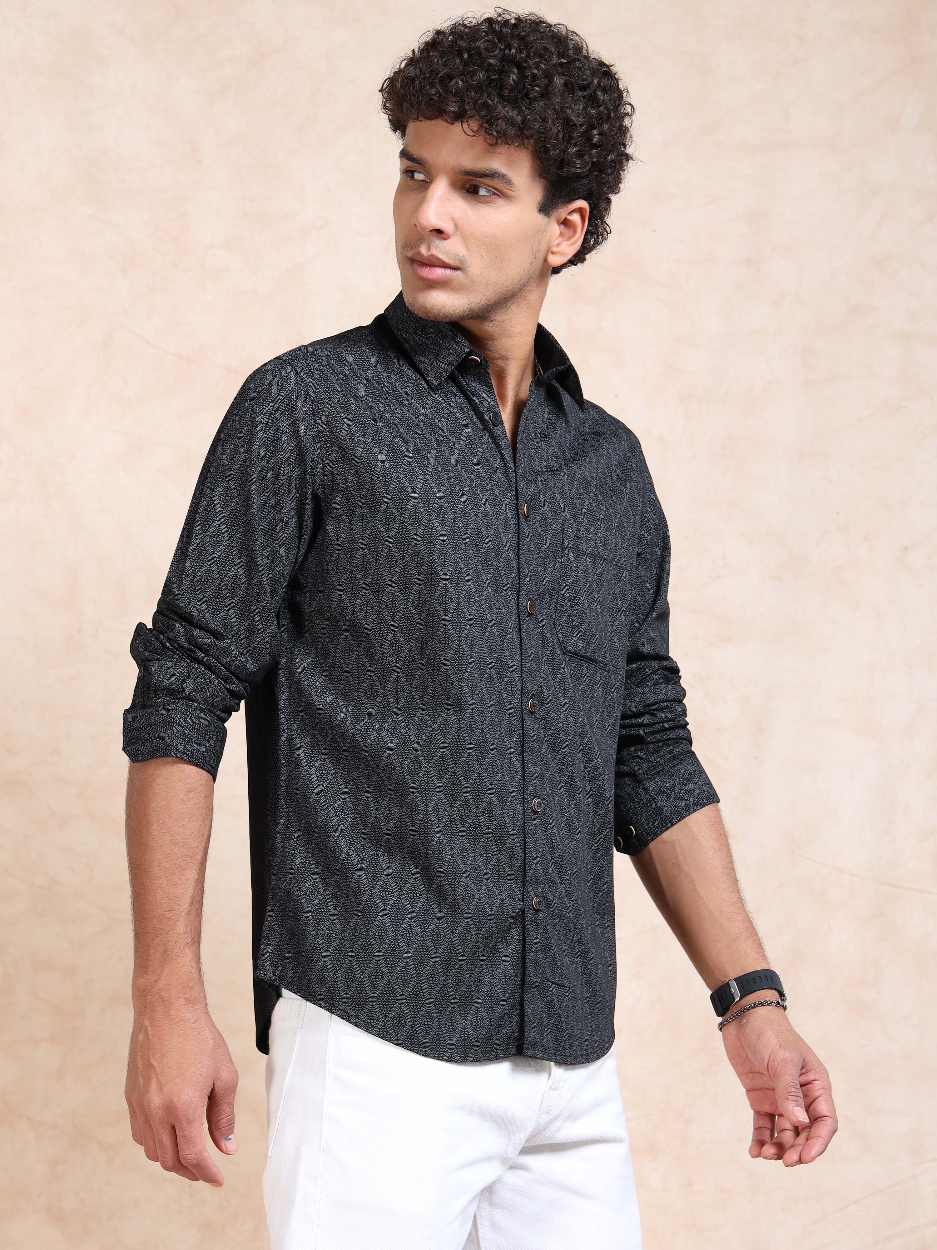 MEN'S BLACK PRINT SLIM FIT SHIRT