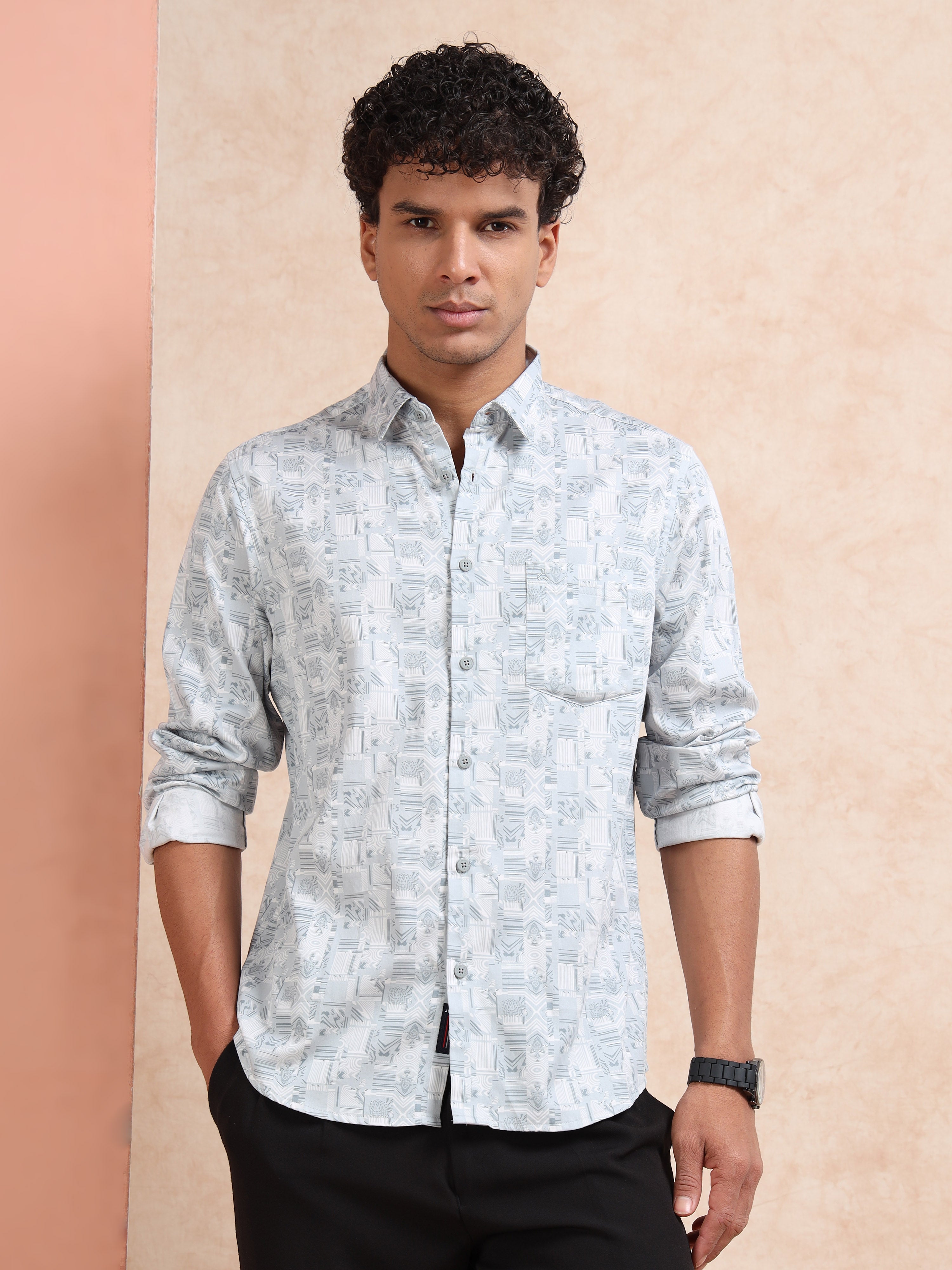 MEN'S LT.BLUE PRINT SLIM FIT SHIRT