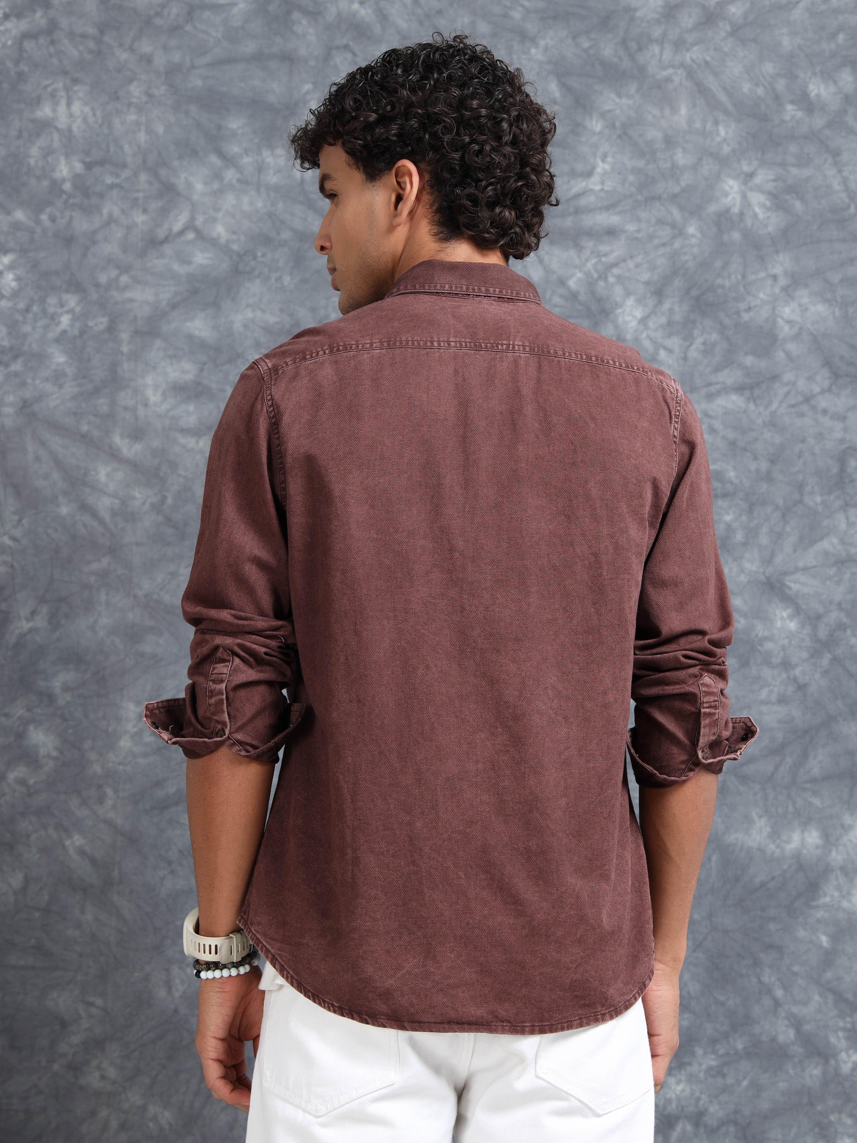 MEN'S BROWN DENIM SOLID SLIM FIT SHIRT