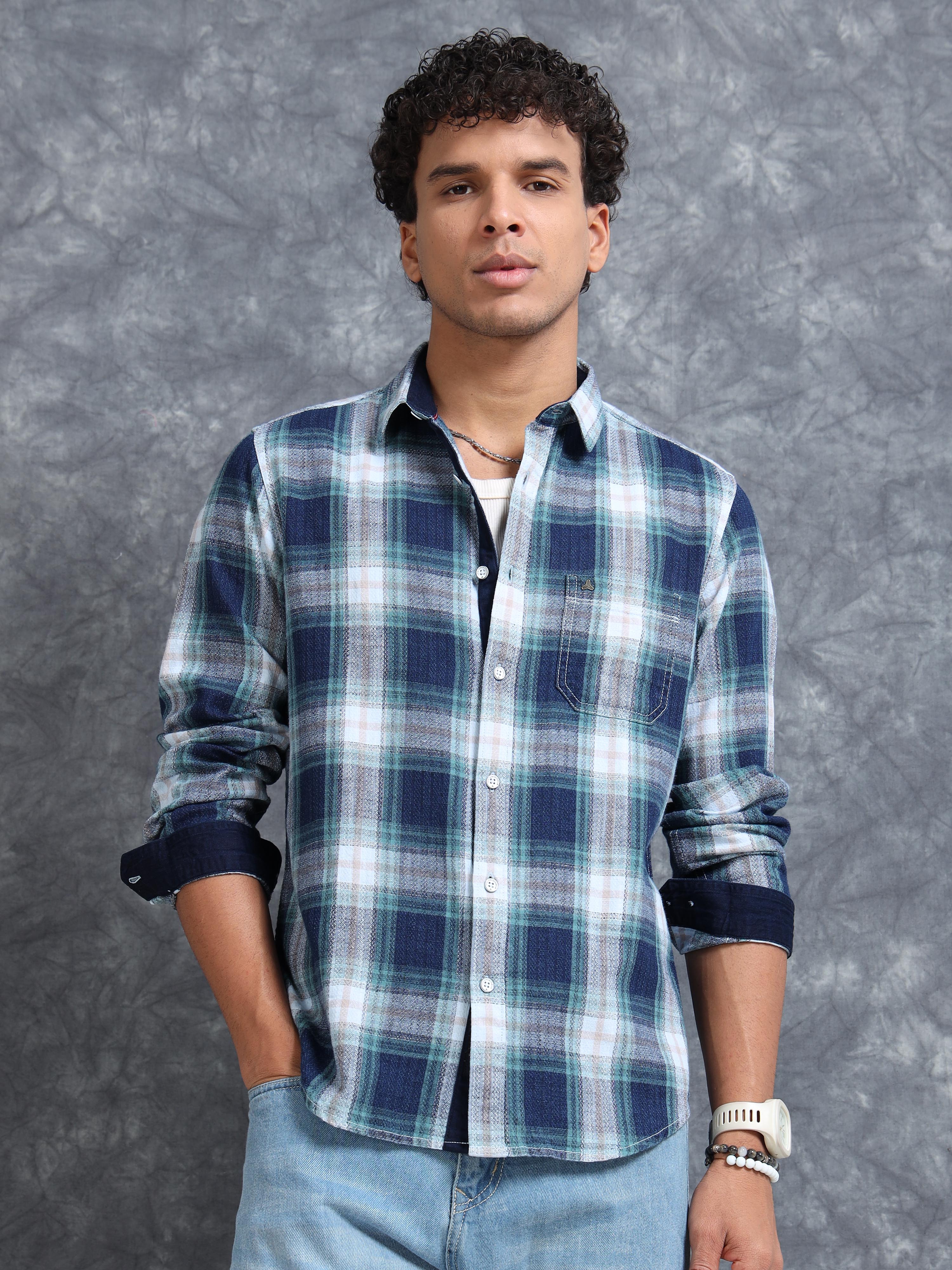 MEN'S GREEN INDIGO CHECKS SLIM FIT SHIRT