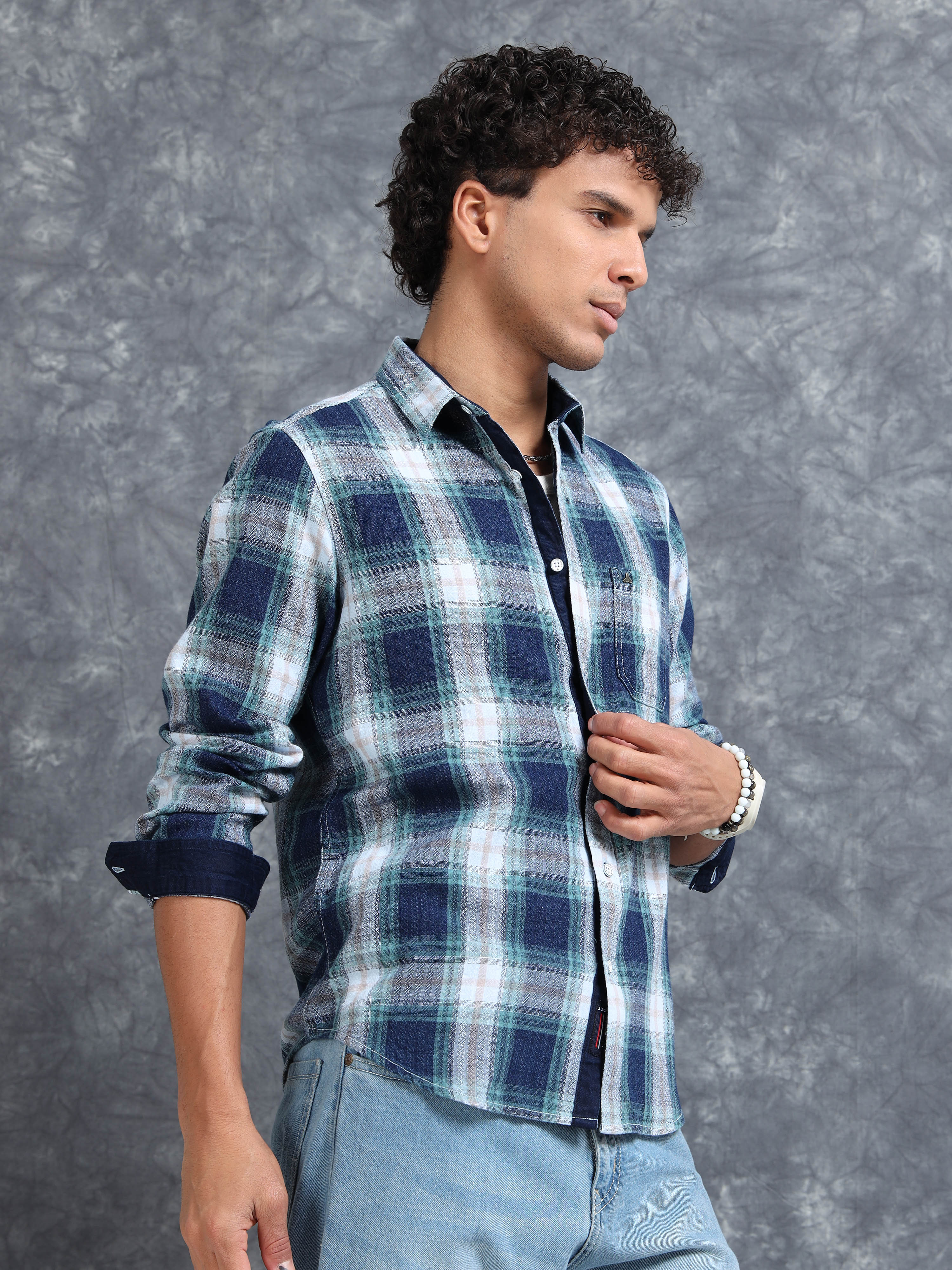 MEN'S GREEN INDIGO CHECKS SLIM FIT SHIRT