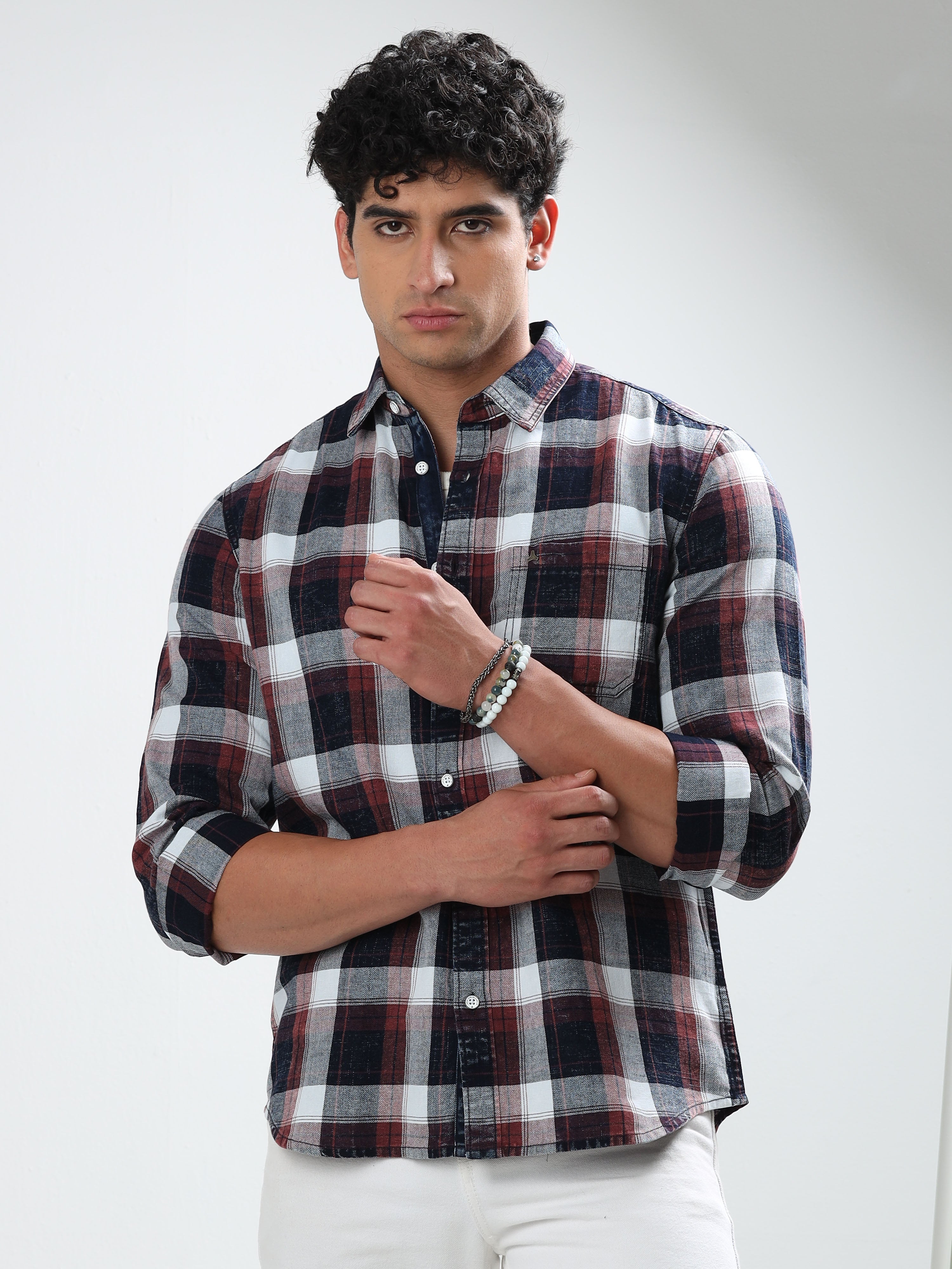 MEN'S MAROON INDIGO CHECKS SLIM FIT SHIRT