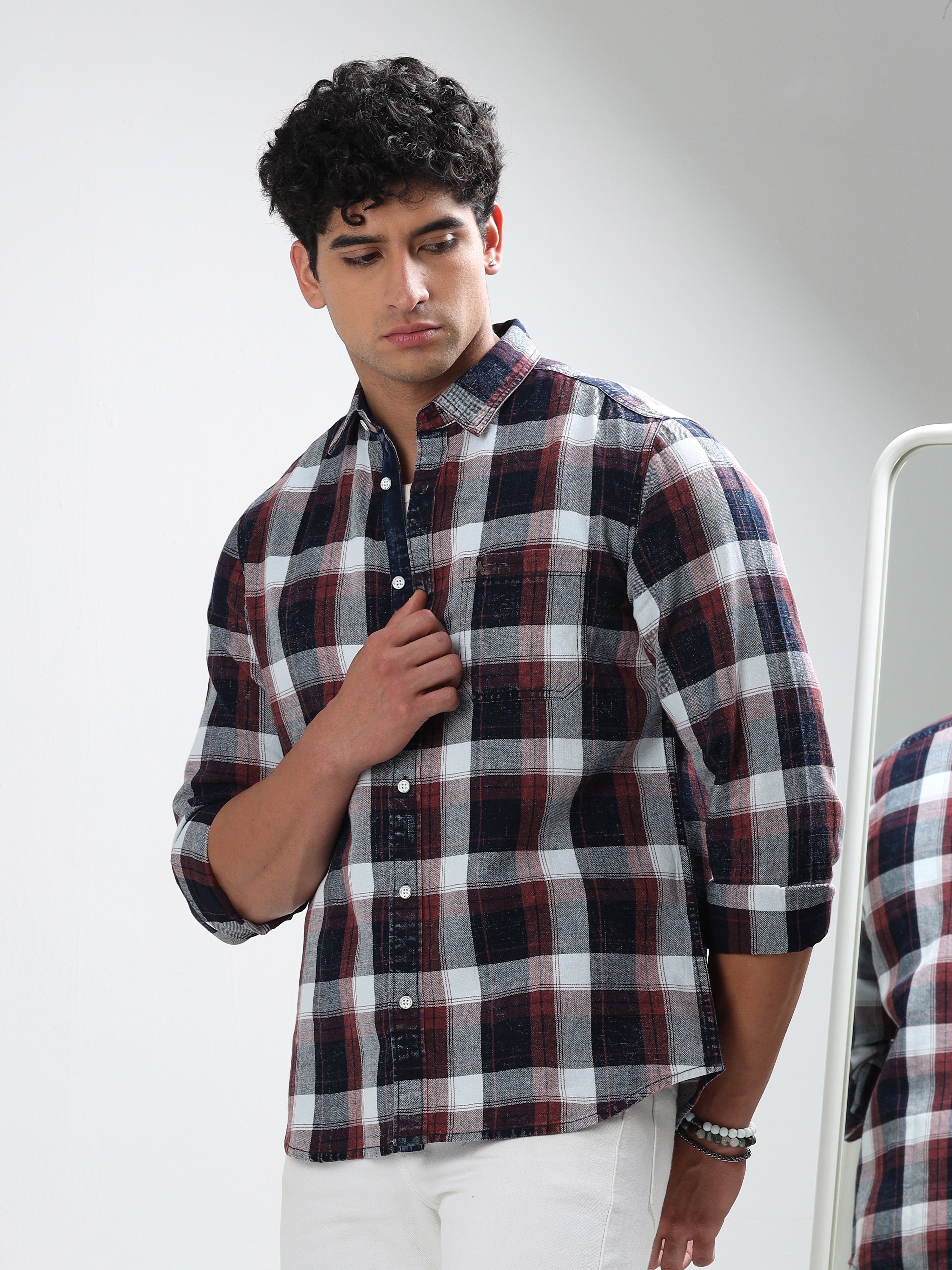 MEN'S MAROON INDIGO CHECKS SLIM FIT SHIRT