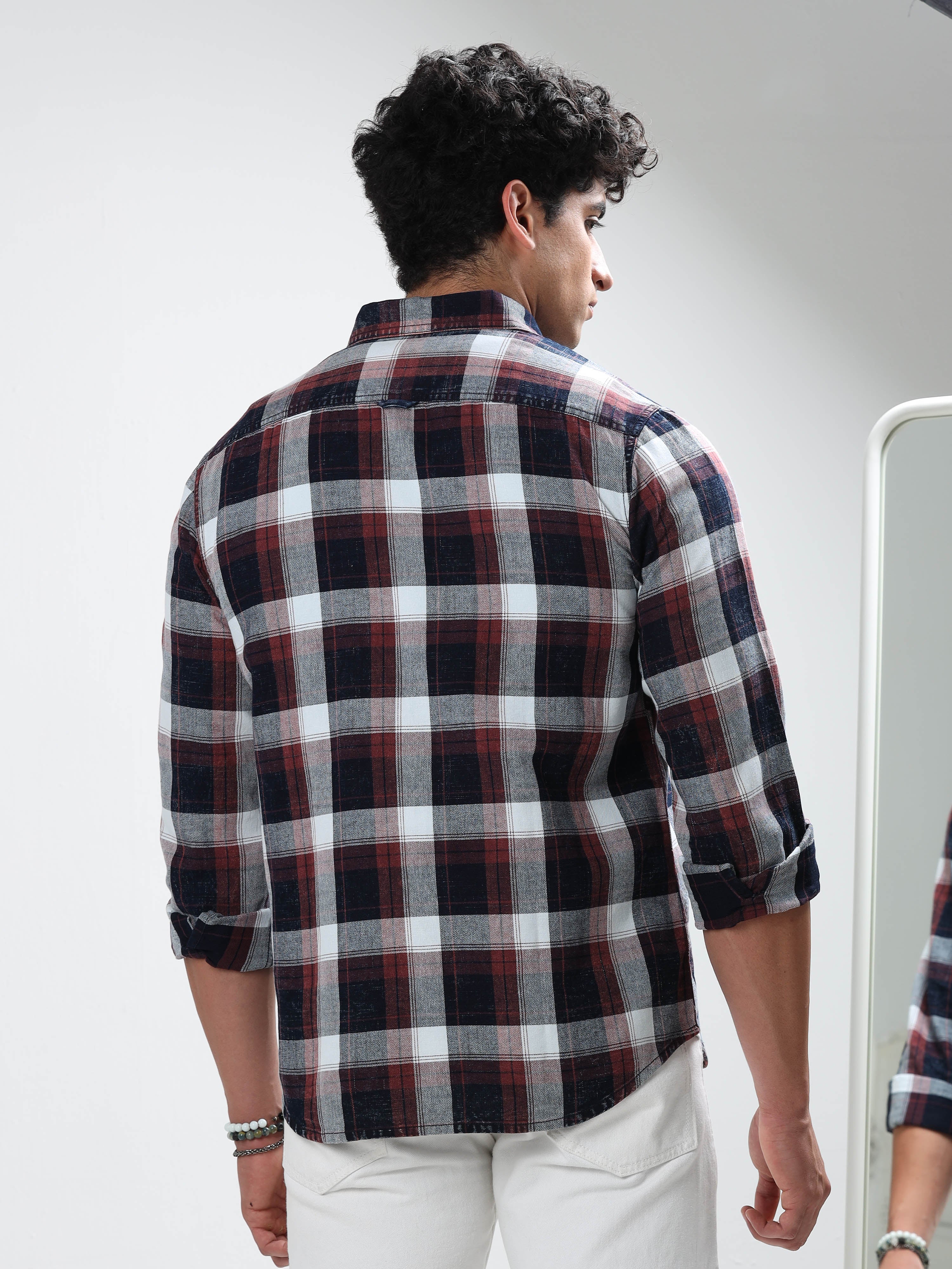 MEN'S MAROON INDIGO CHECKS SLIM FIT SHIRT