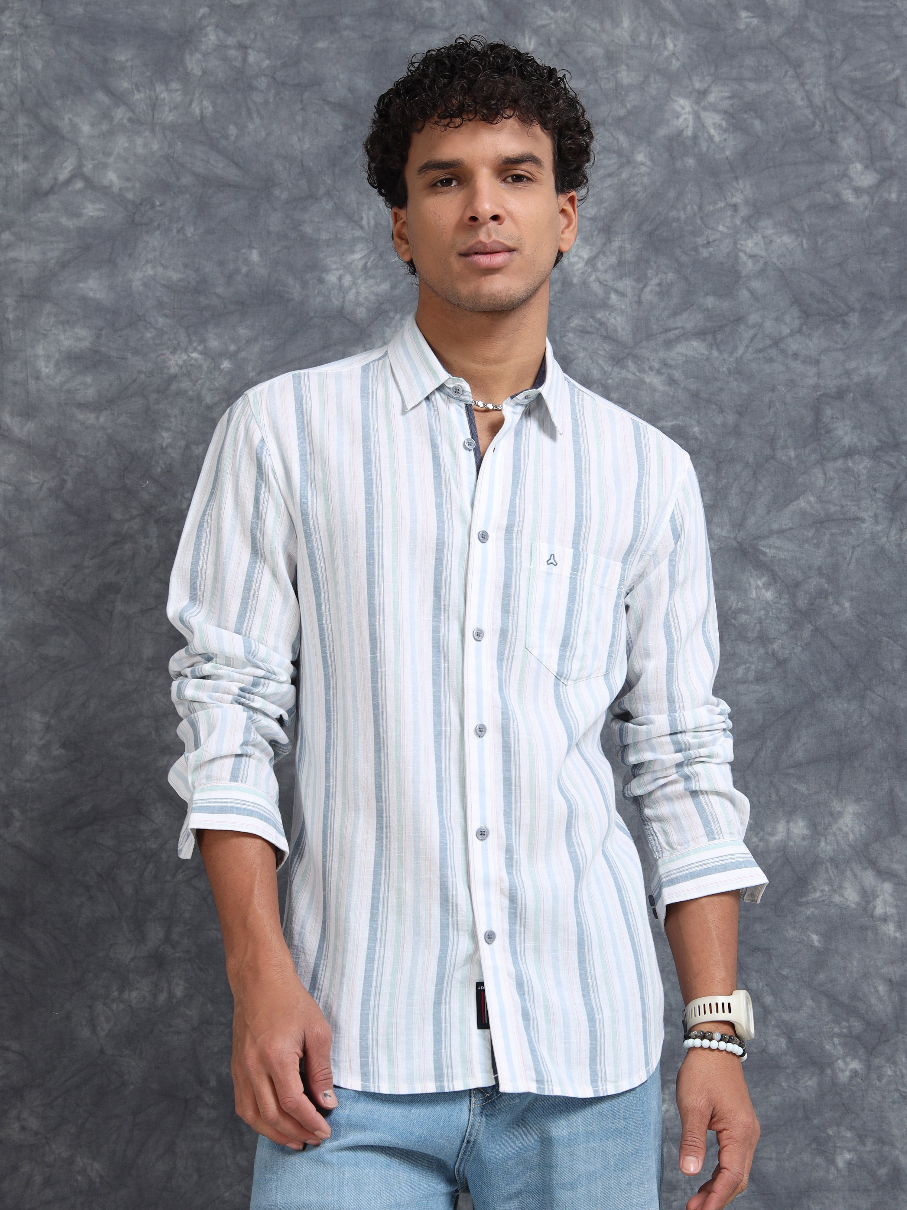 MEN'S LT.GREEN STRIPE SLIM FIT SHIRT