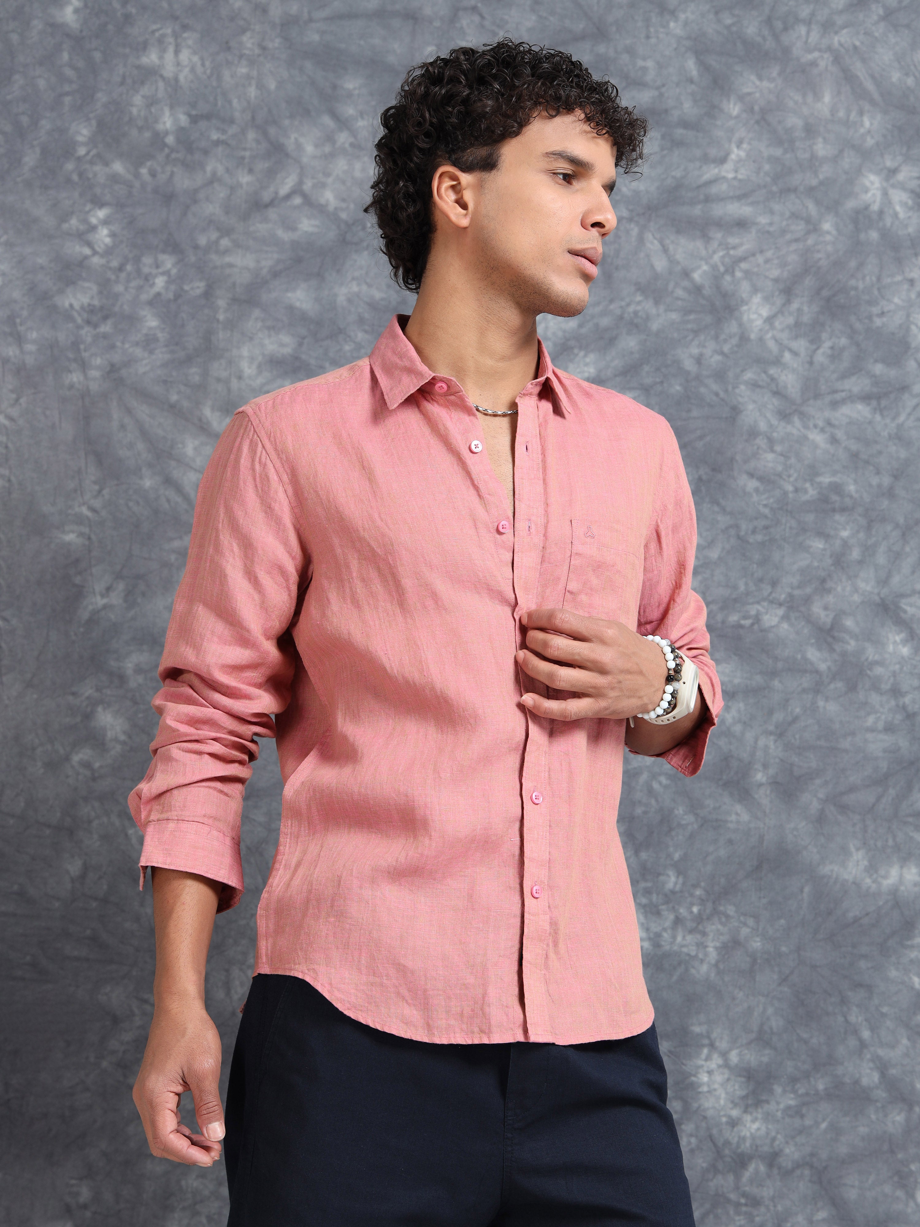 MEN'S ONION PINK SOLID SLIM FIT LINEN SHIRT