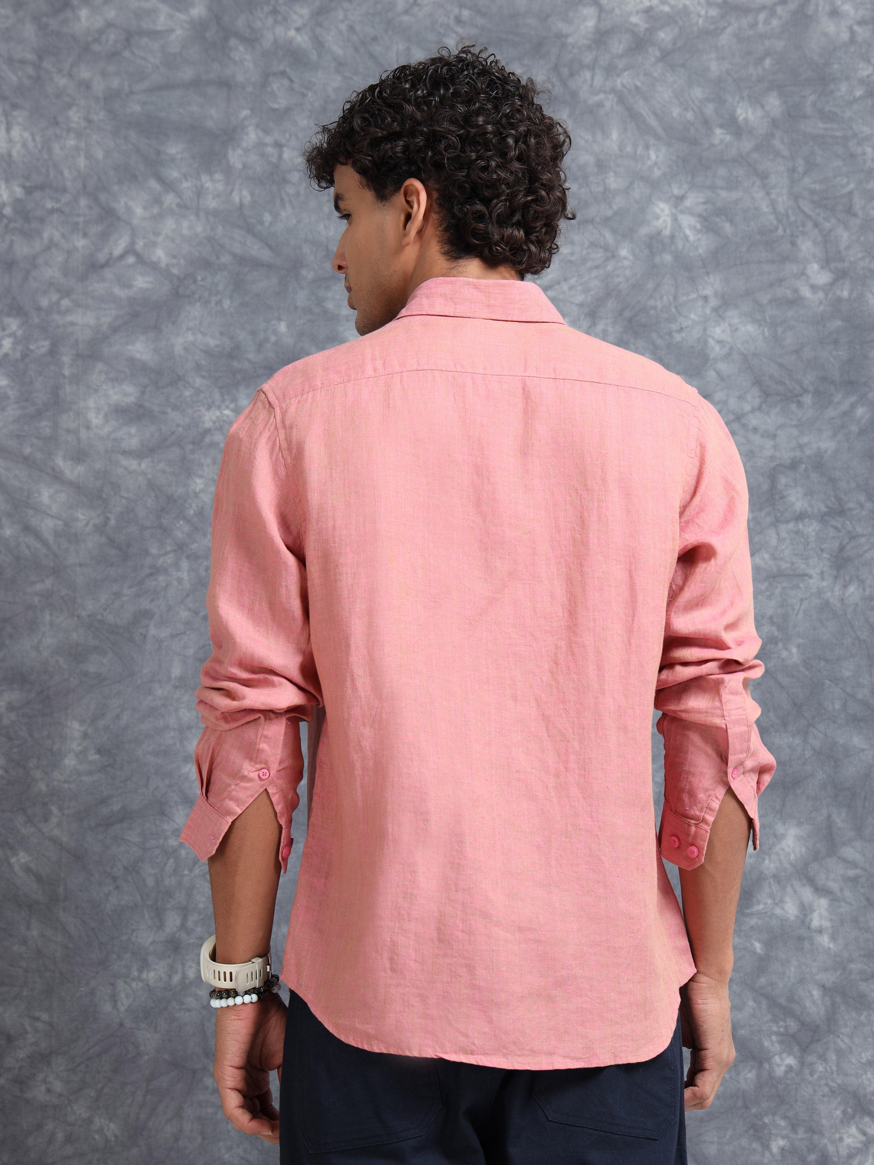 MEN'S ONION PINK SOLID SLIM FIT LINEN SHIRT