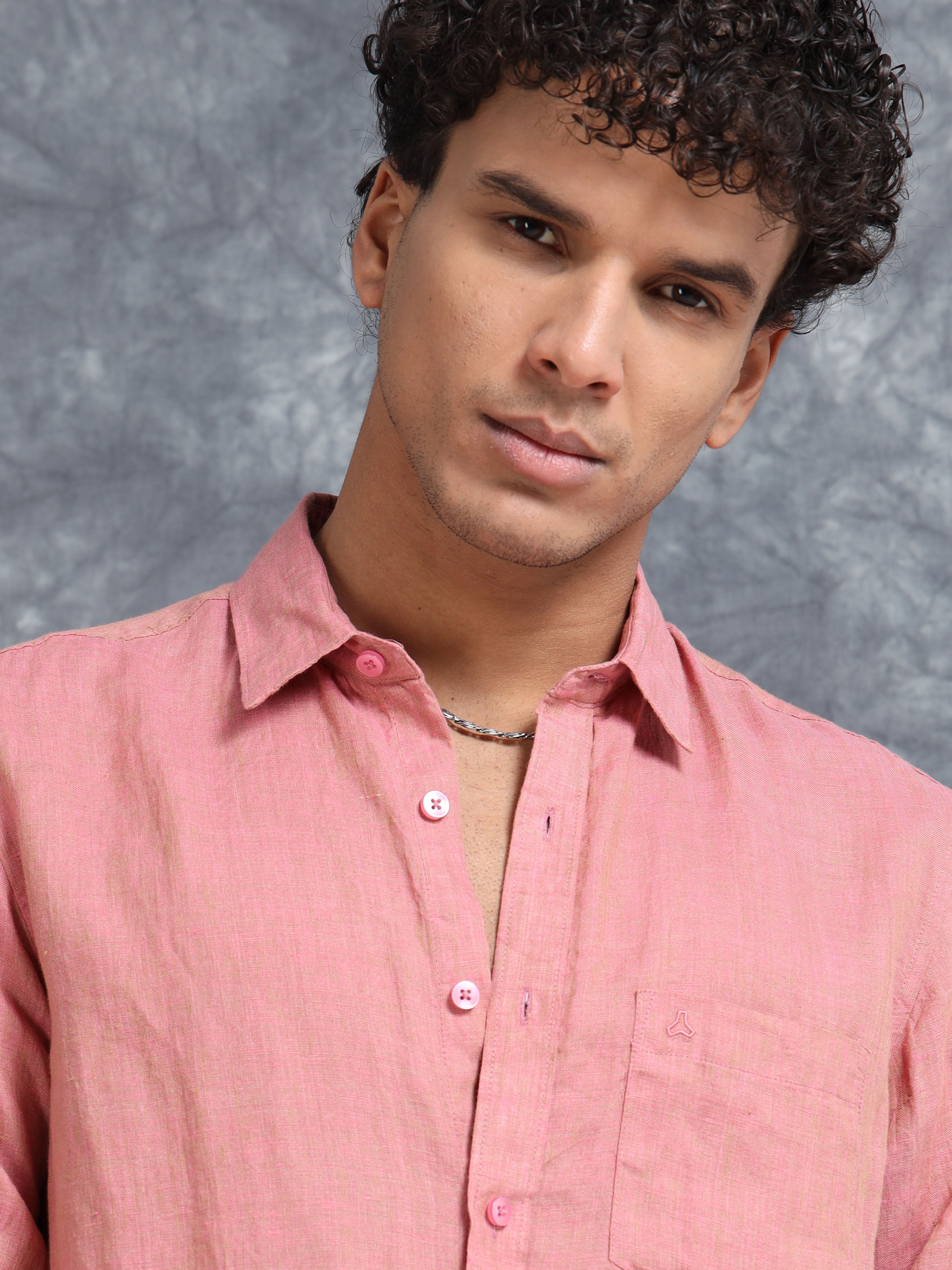 MEN'S ONION PINK SOLID SLIM FIT LINEN SHIRT