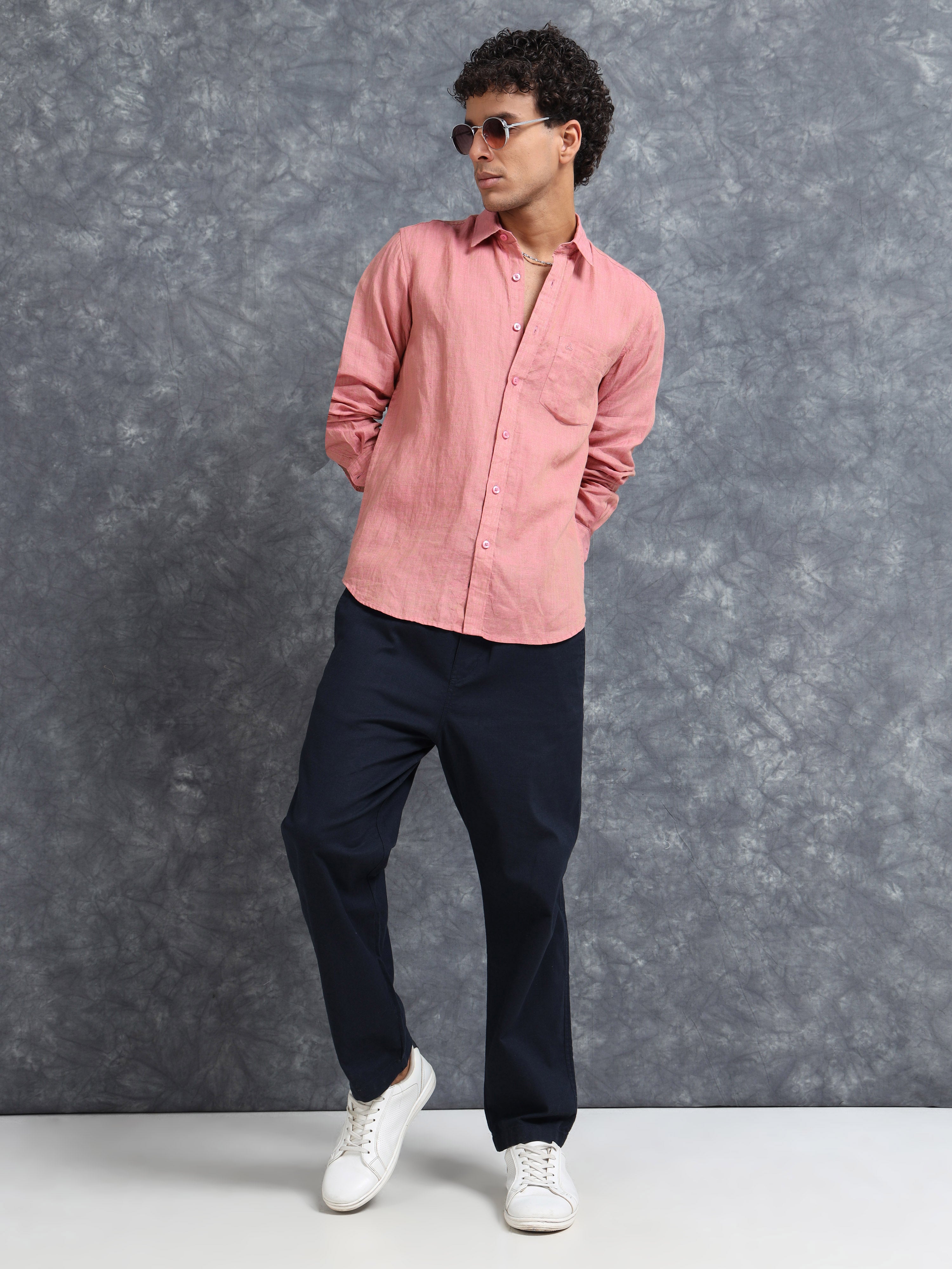 MEN'S ONION PINK SOLID SLIM FIT LINEN SHIRT