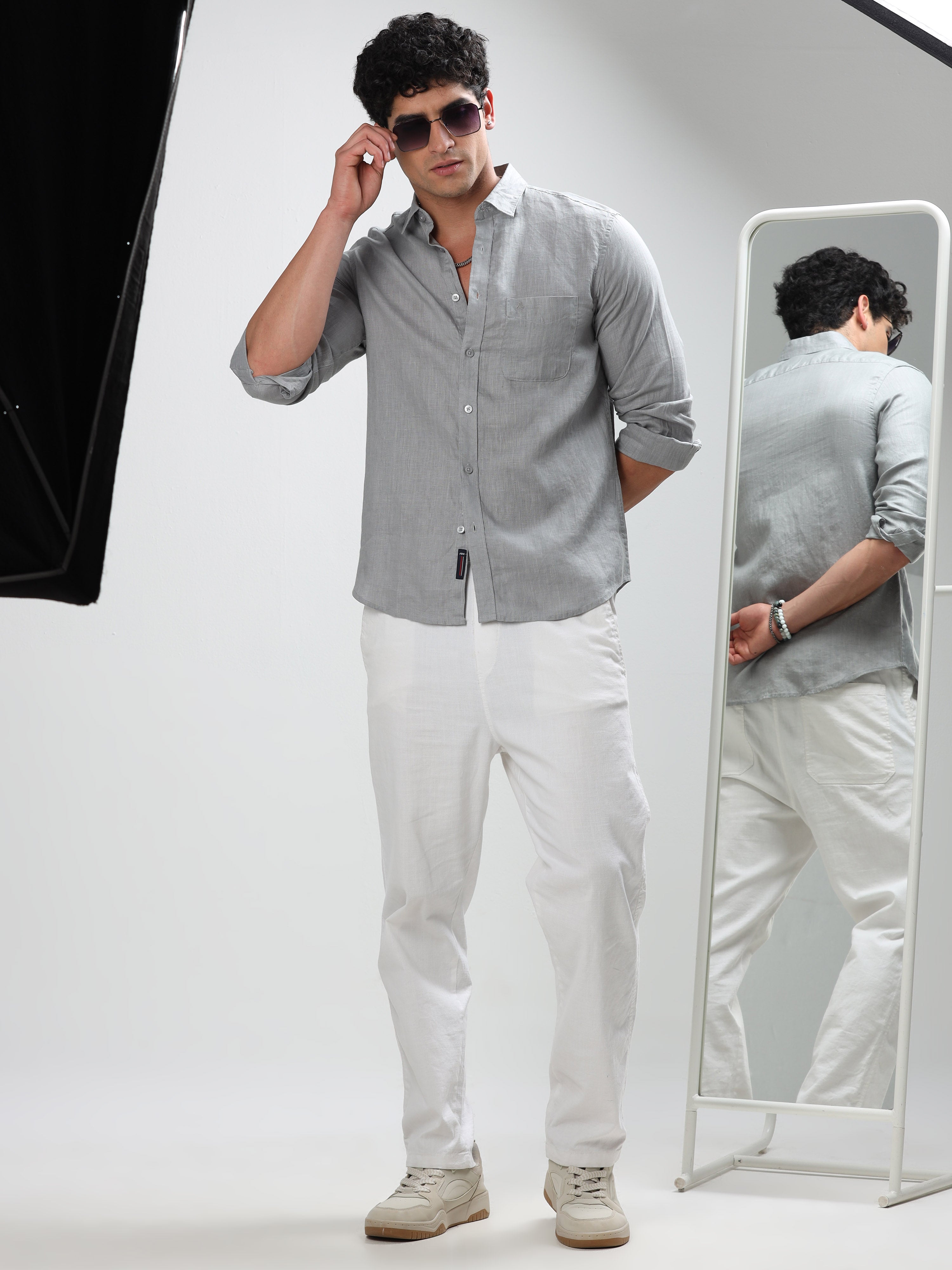 MEN'S GREY SOLID SLIM FIT LINEN SHIRT