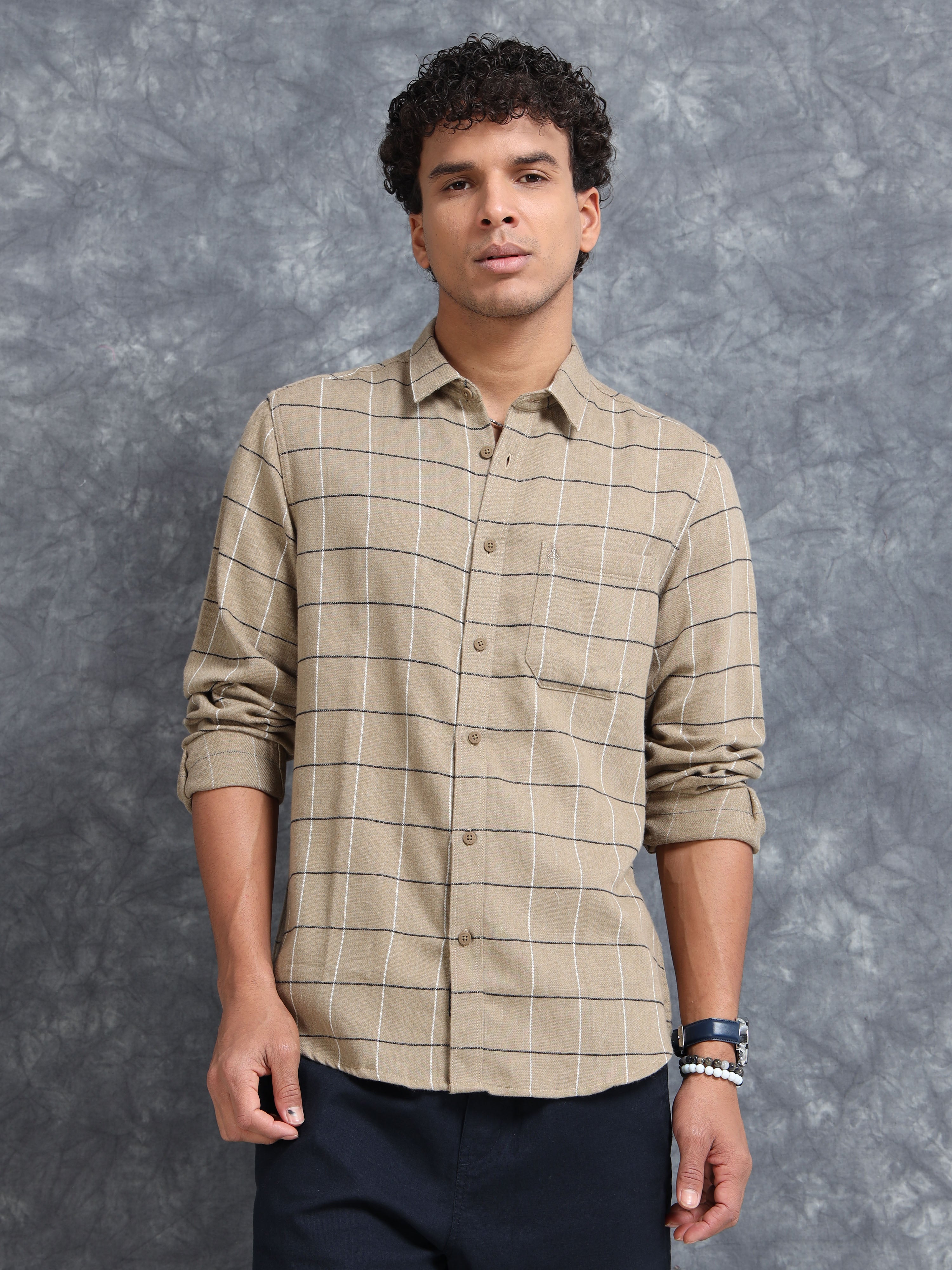 MEN'S DK.KHAKI CHECKS SLIM FIT SHIRT