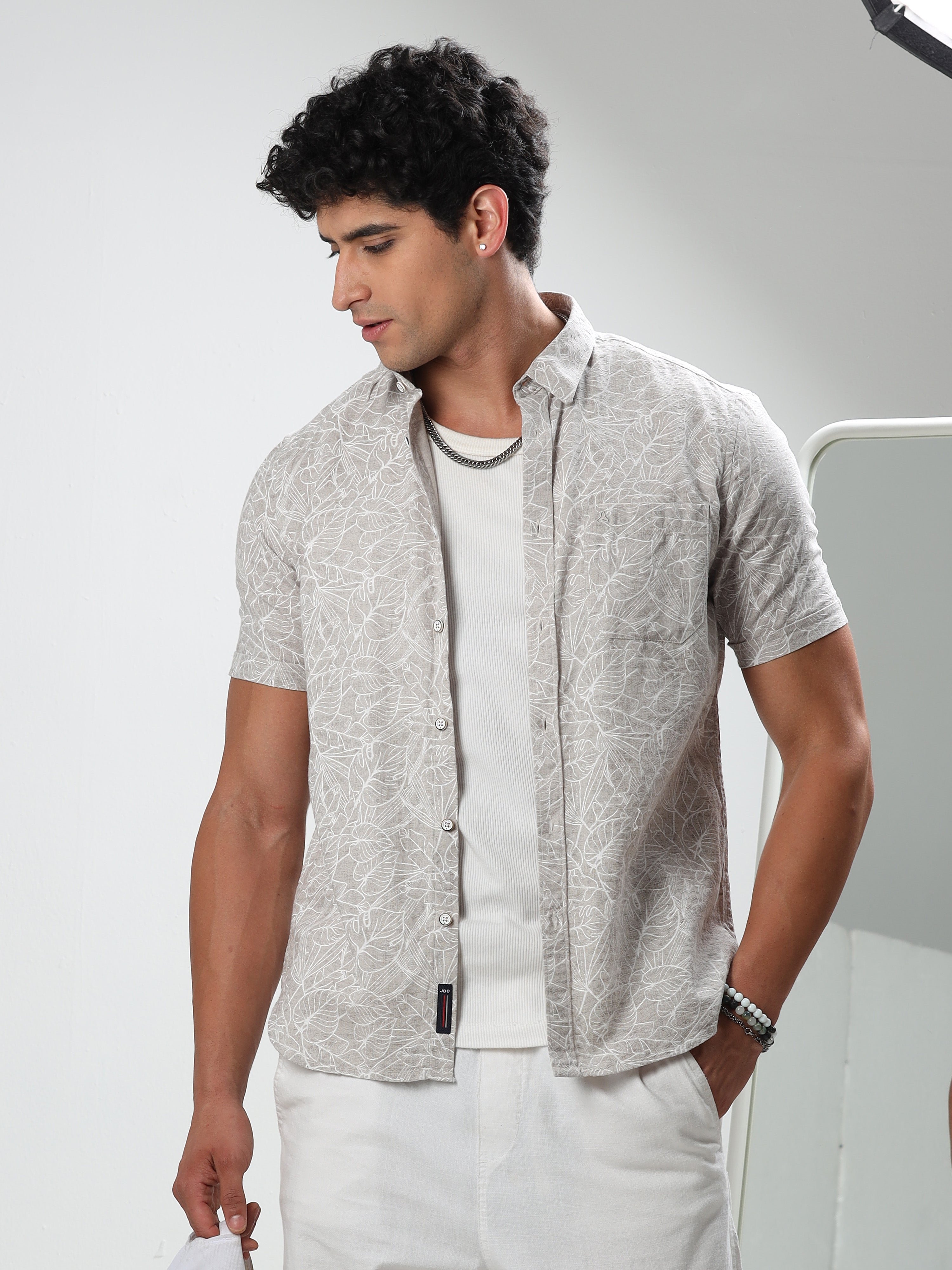 MEN'S BEIGE PRINT SLIM FIT SHIRT