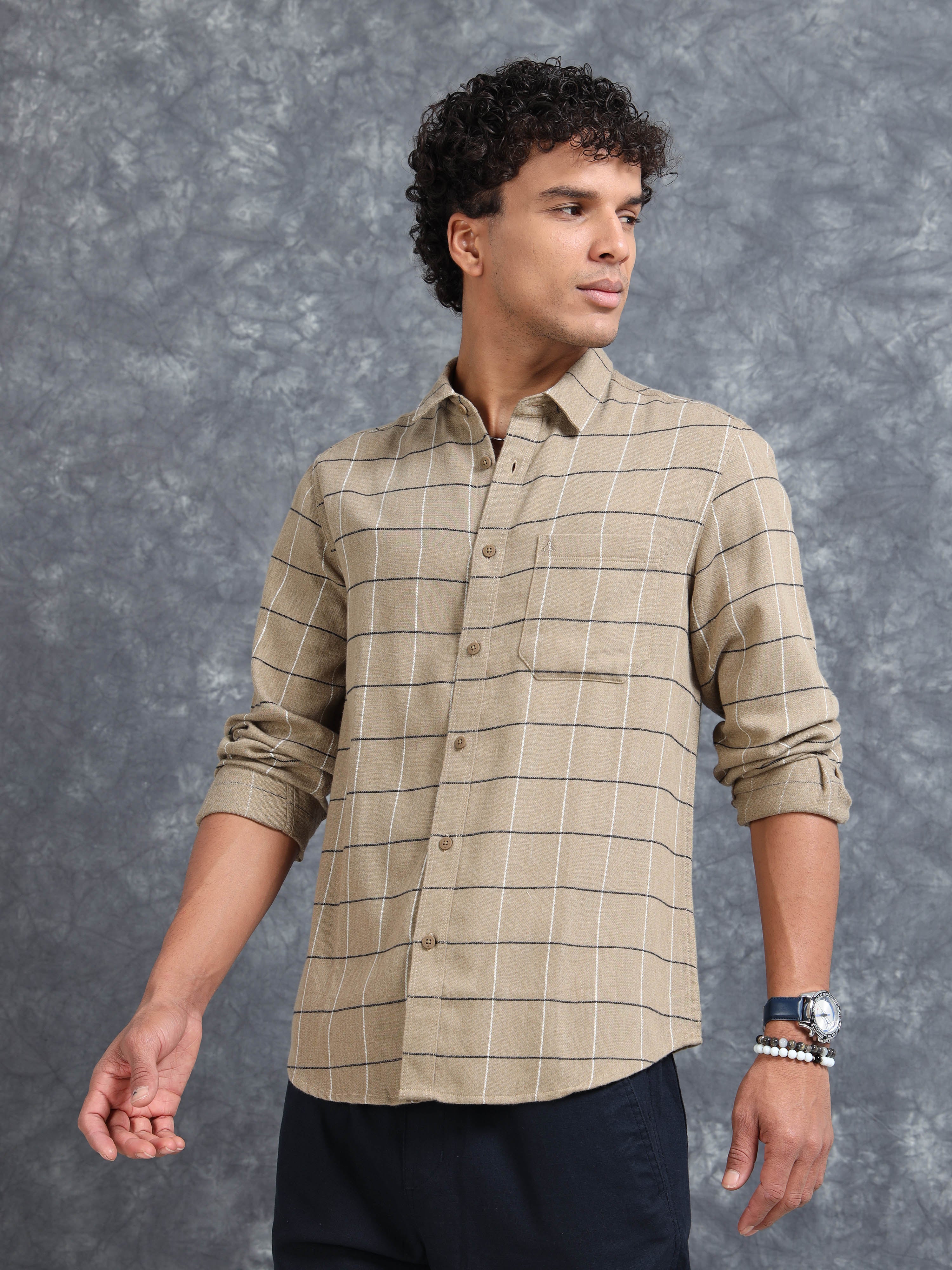 MEN'S DK.KHAKI CHECKS SLIM FIT SHIRT
