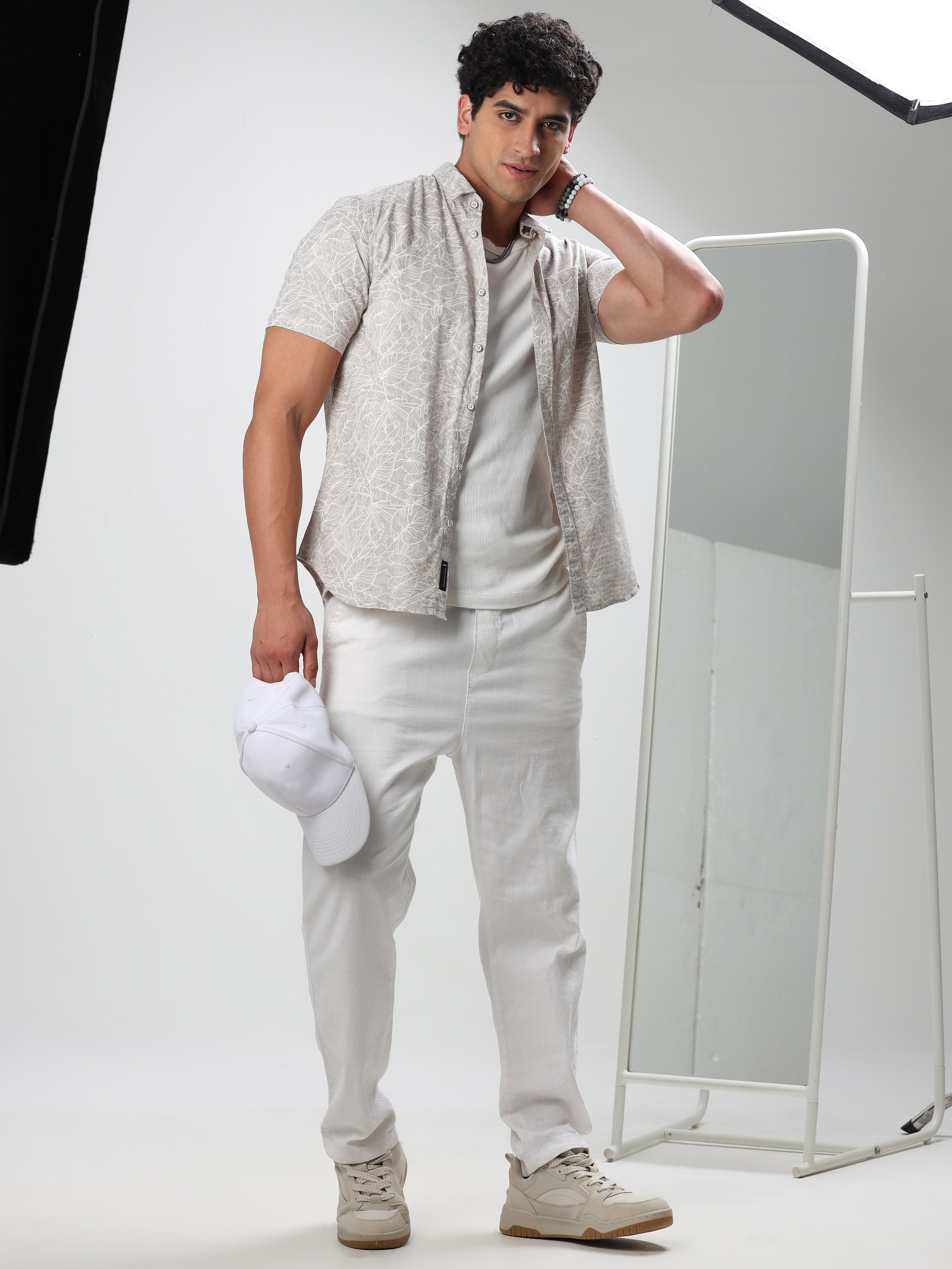 MEN'S BEIGE PRINT SLIM FIT SHIRT