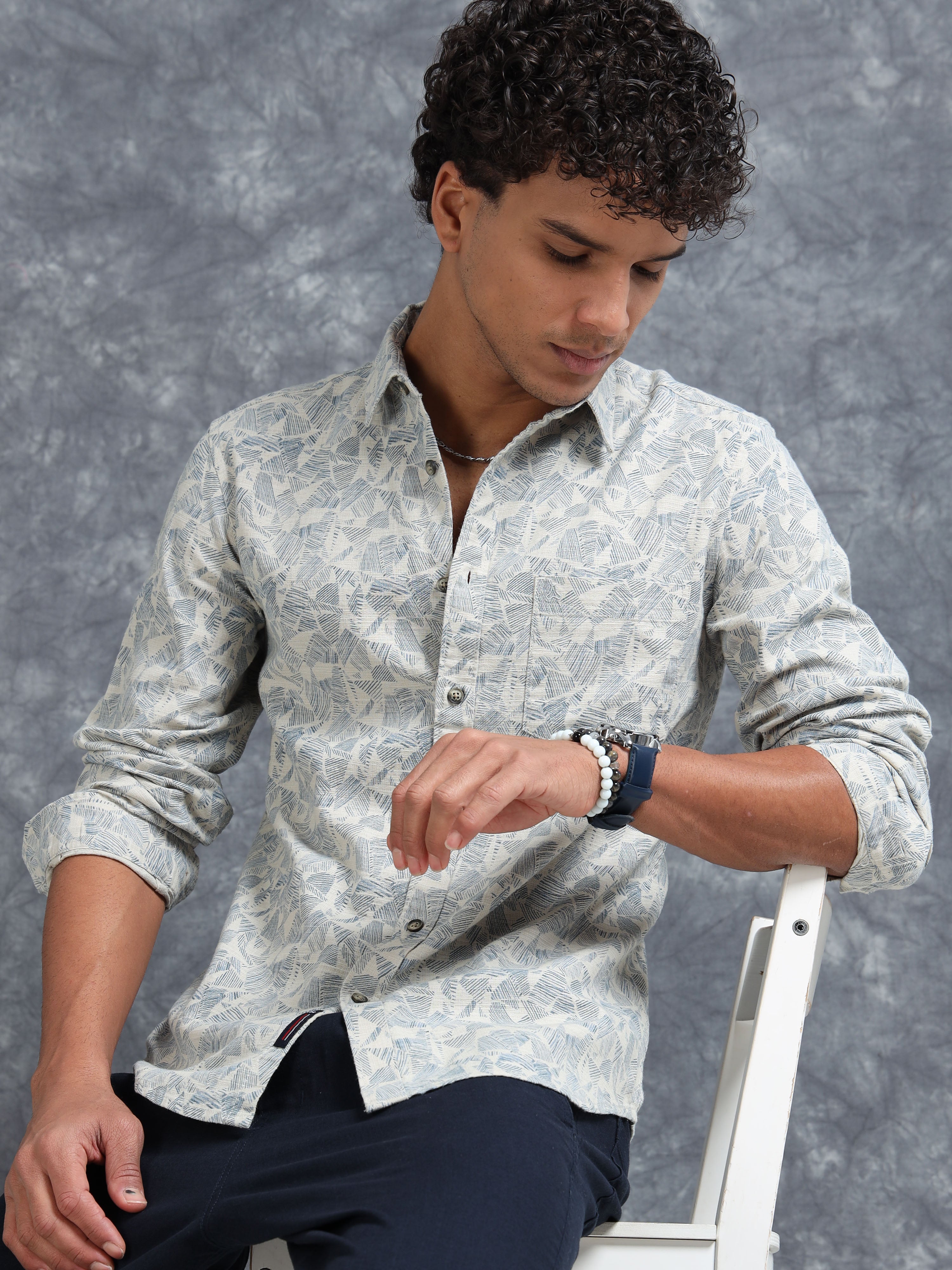 MEN'S OFF WHITE PRINT SLIM FIT SHIRT