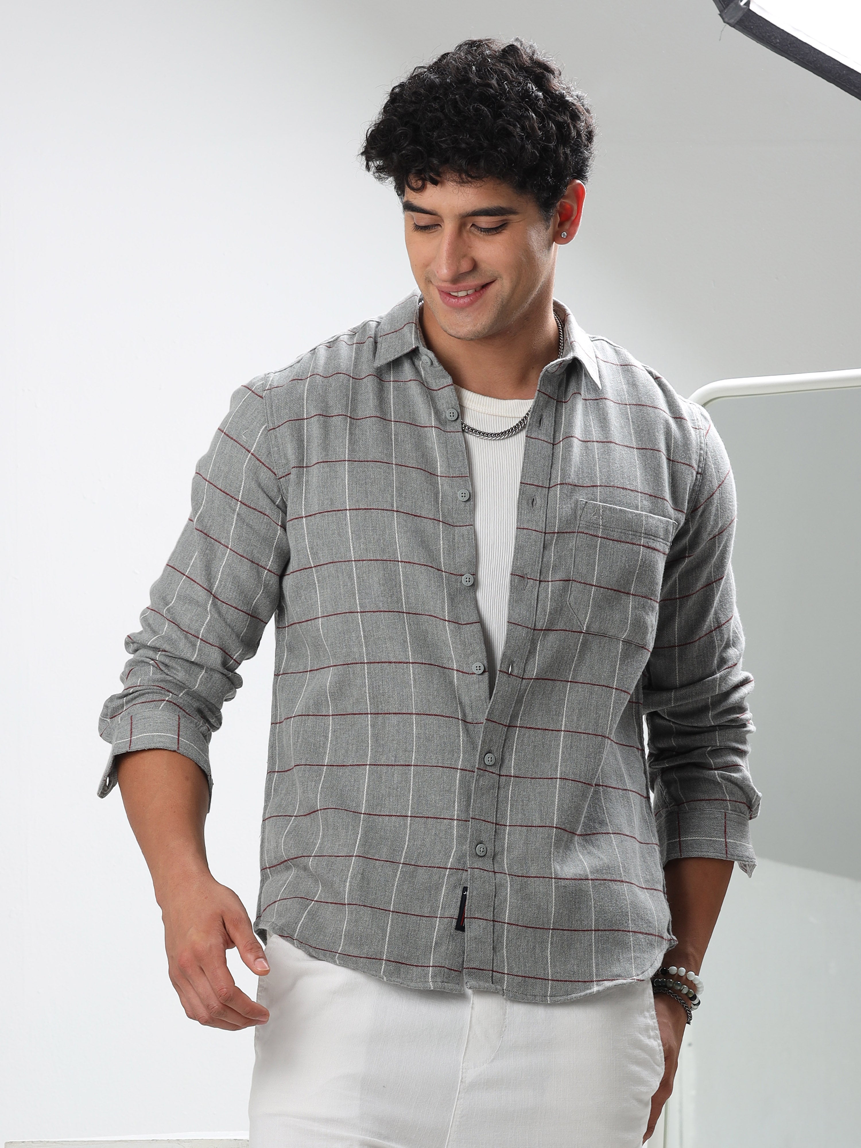 MEN'S GREY CHECKS SLIM FIT SHIRT