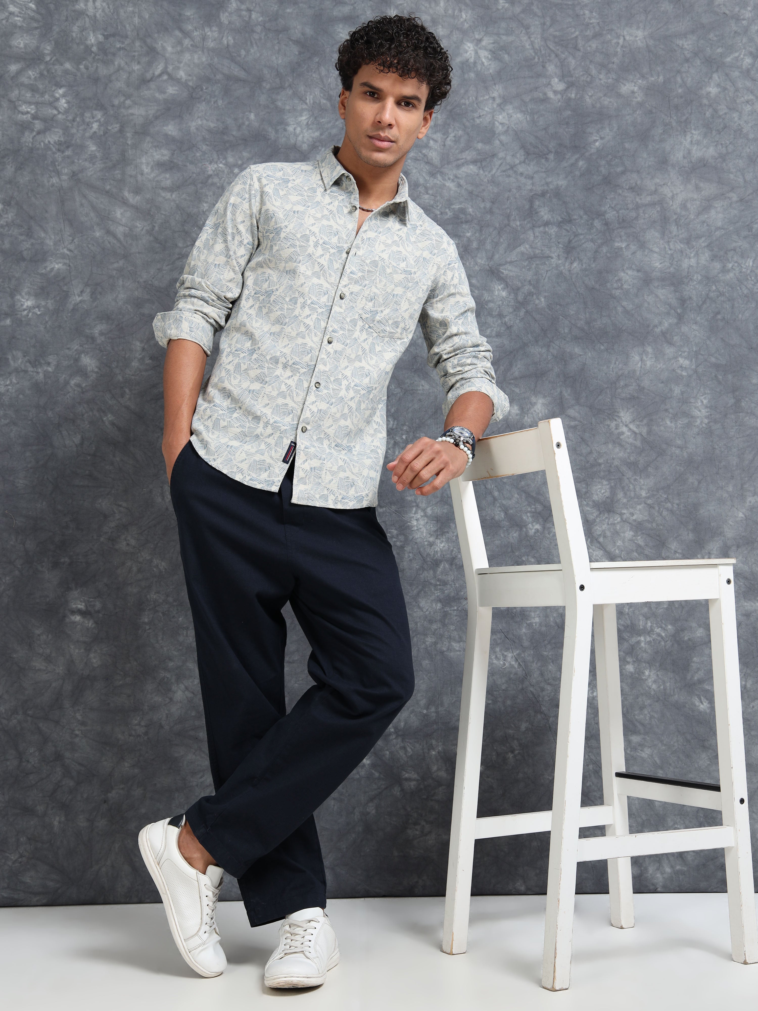 MEN'S OFF WHITE PRINT SLIM FIT SHIRT