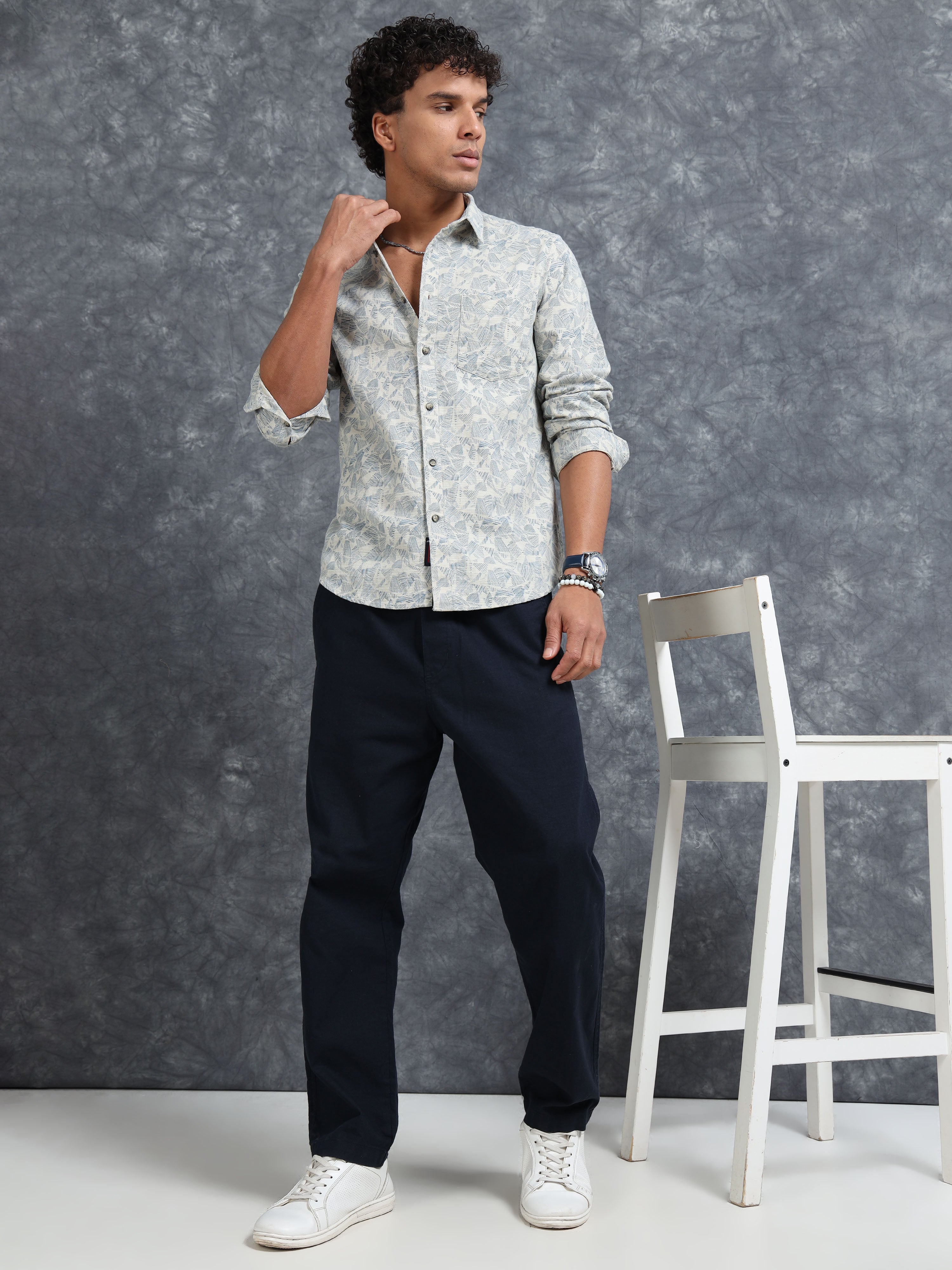 MEN'S OFF WHITE PRINT SLIM FIT SHIRT