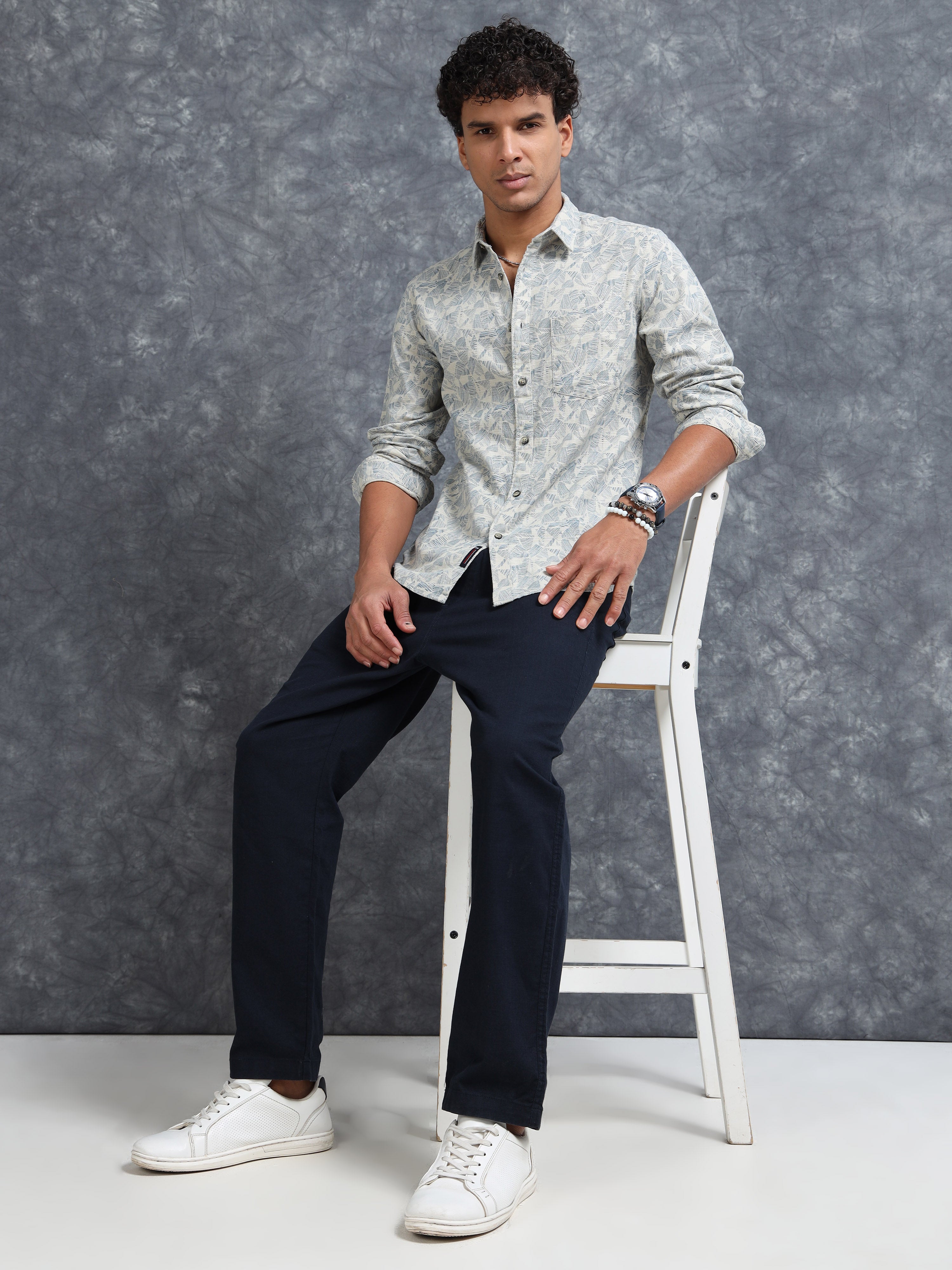 MEN'S OFF WHITE PRINT SLIM FIT SHIRT