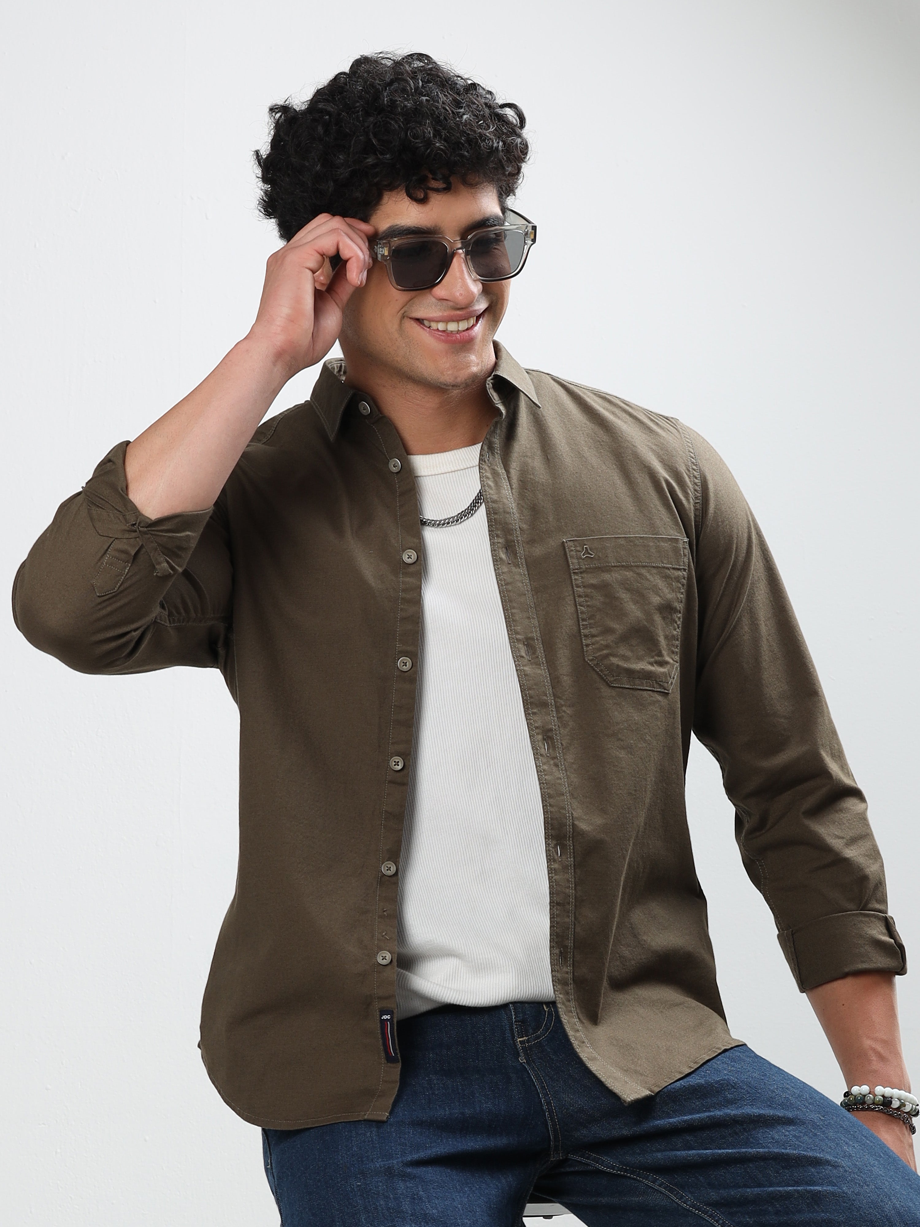 MEN'S GREENISH BROWN  SOLID SLIM FIT SHIRT