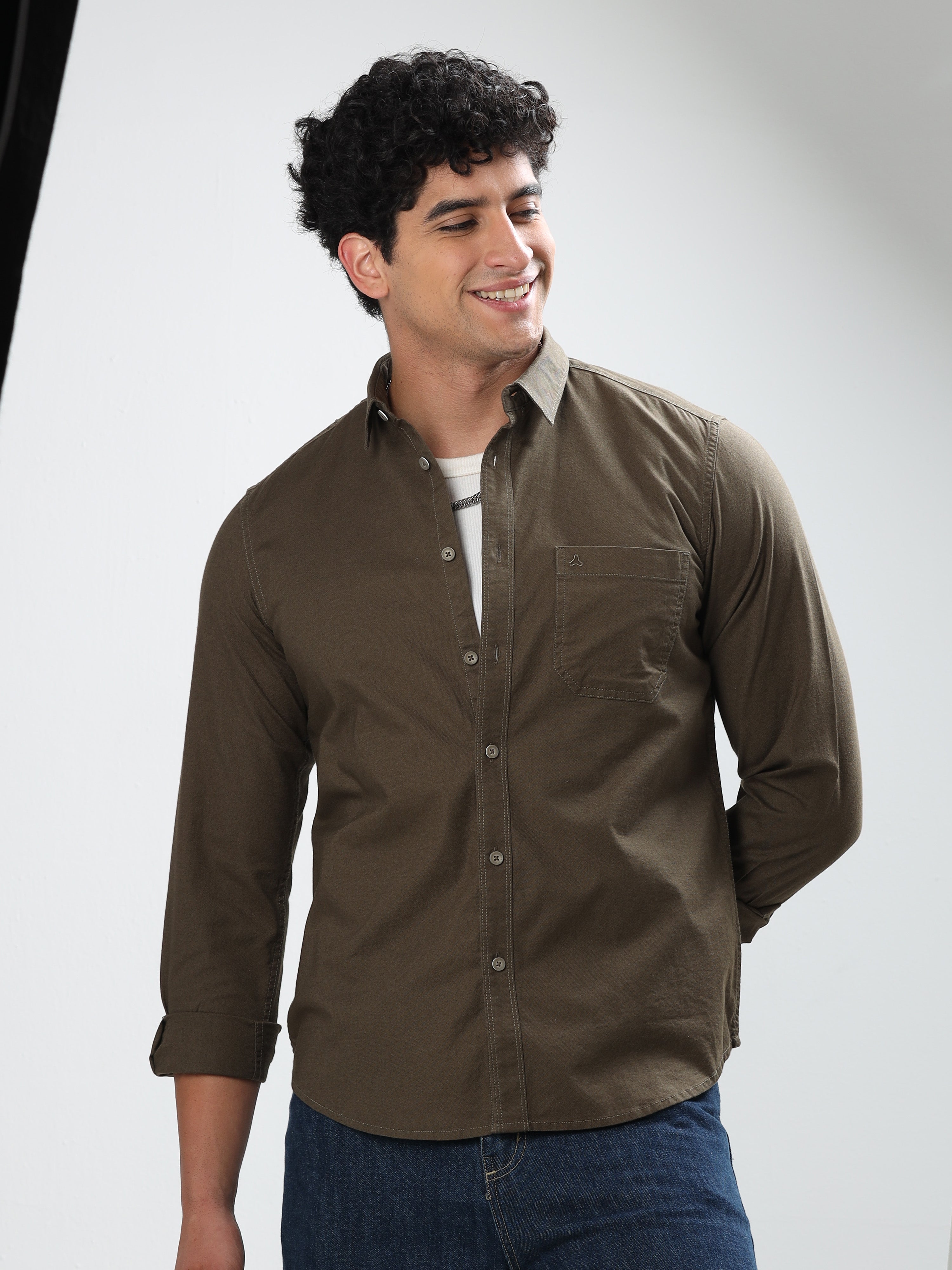 MEN'S GREENISH BROWN  SOLID SLIM FIT SHIRT