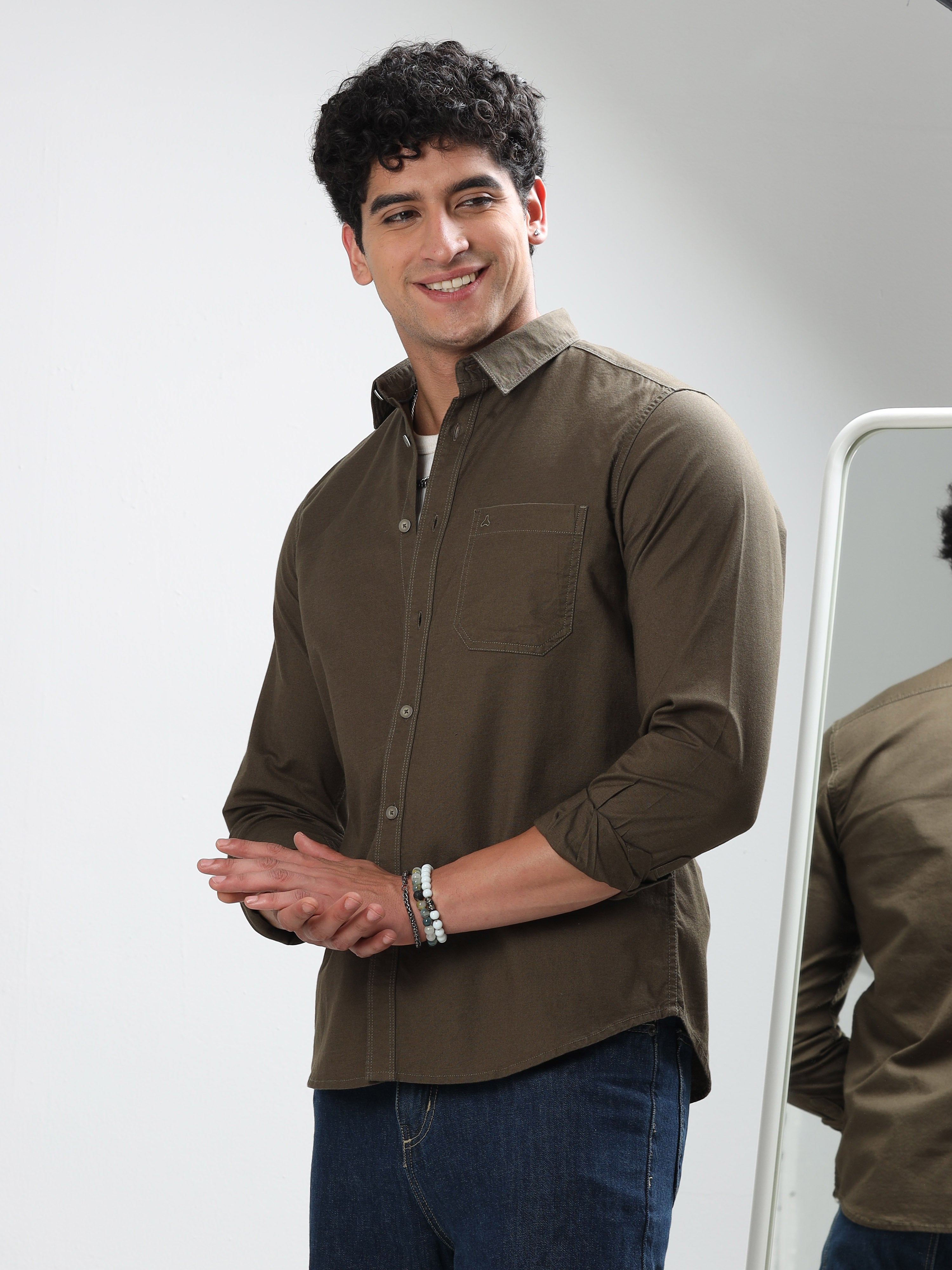 MEN'S GREENISH BROWN  SOLID SLIM FIT SHIRT