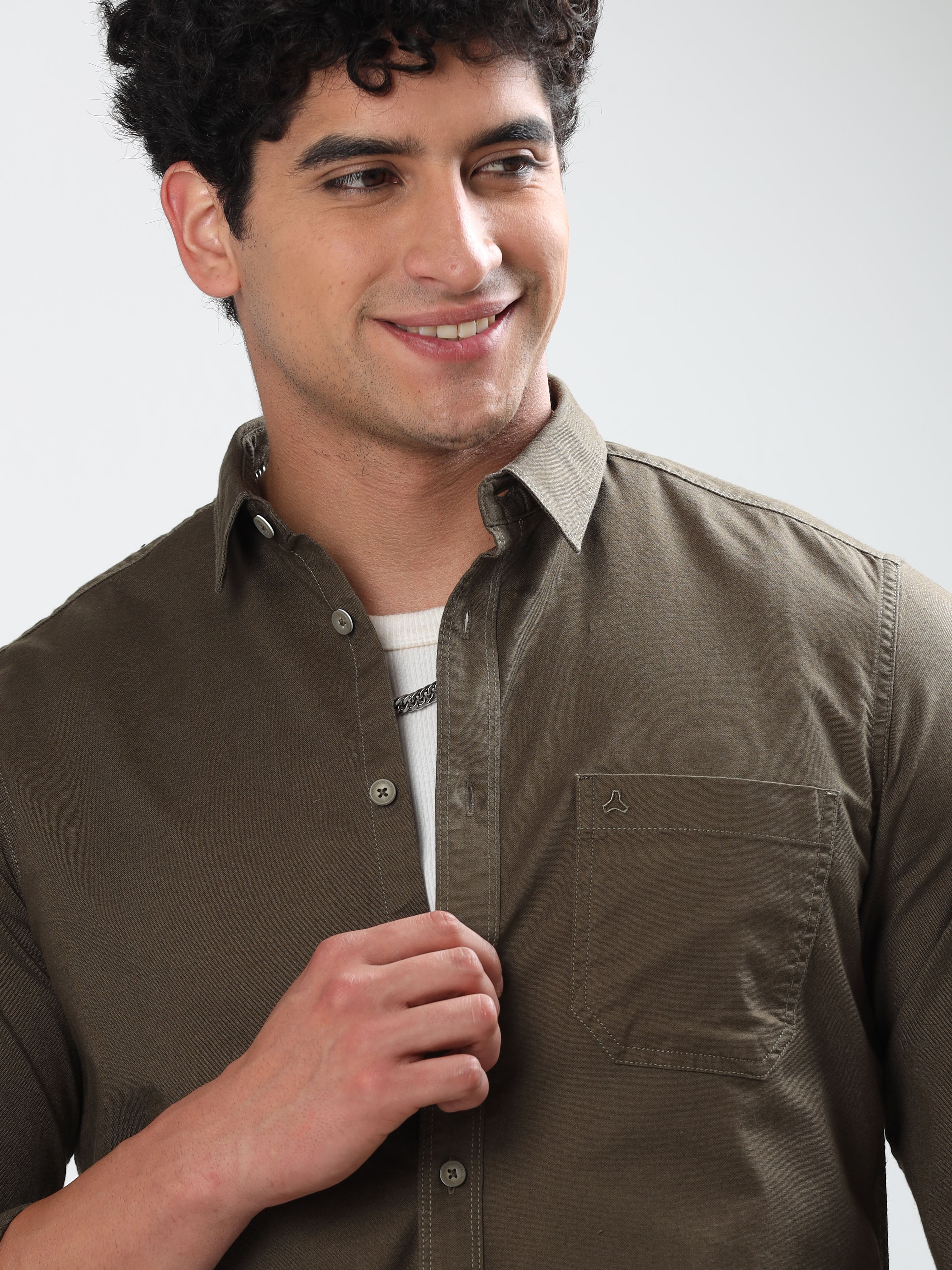 MEN'S GREENISH BROWN  SOLID SLIM FIT SHIRT