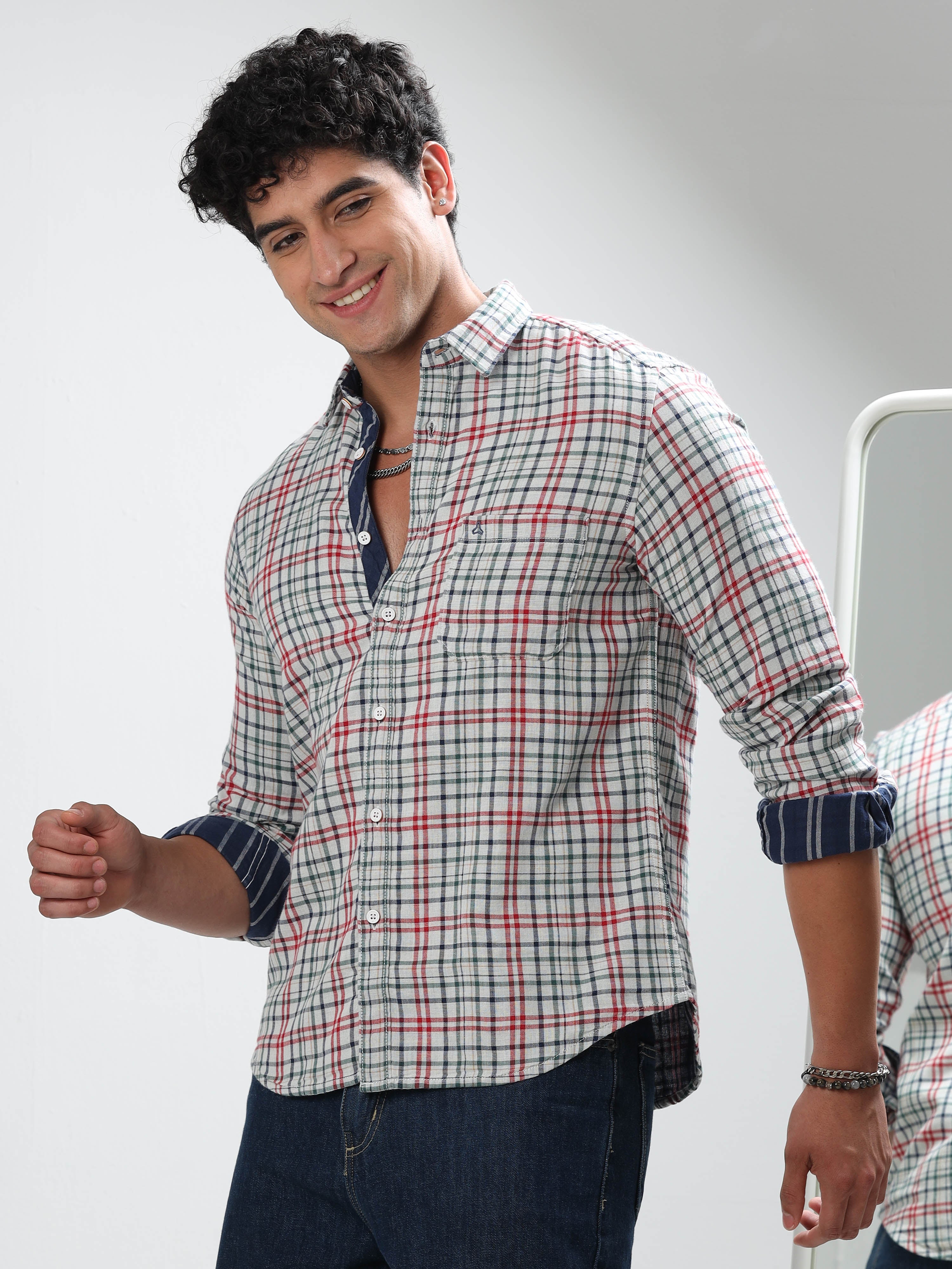 MEN'S WHITE CHECKS SLIM FIT SHIRT