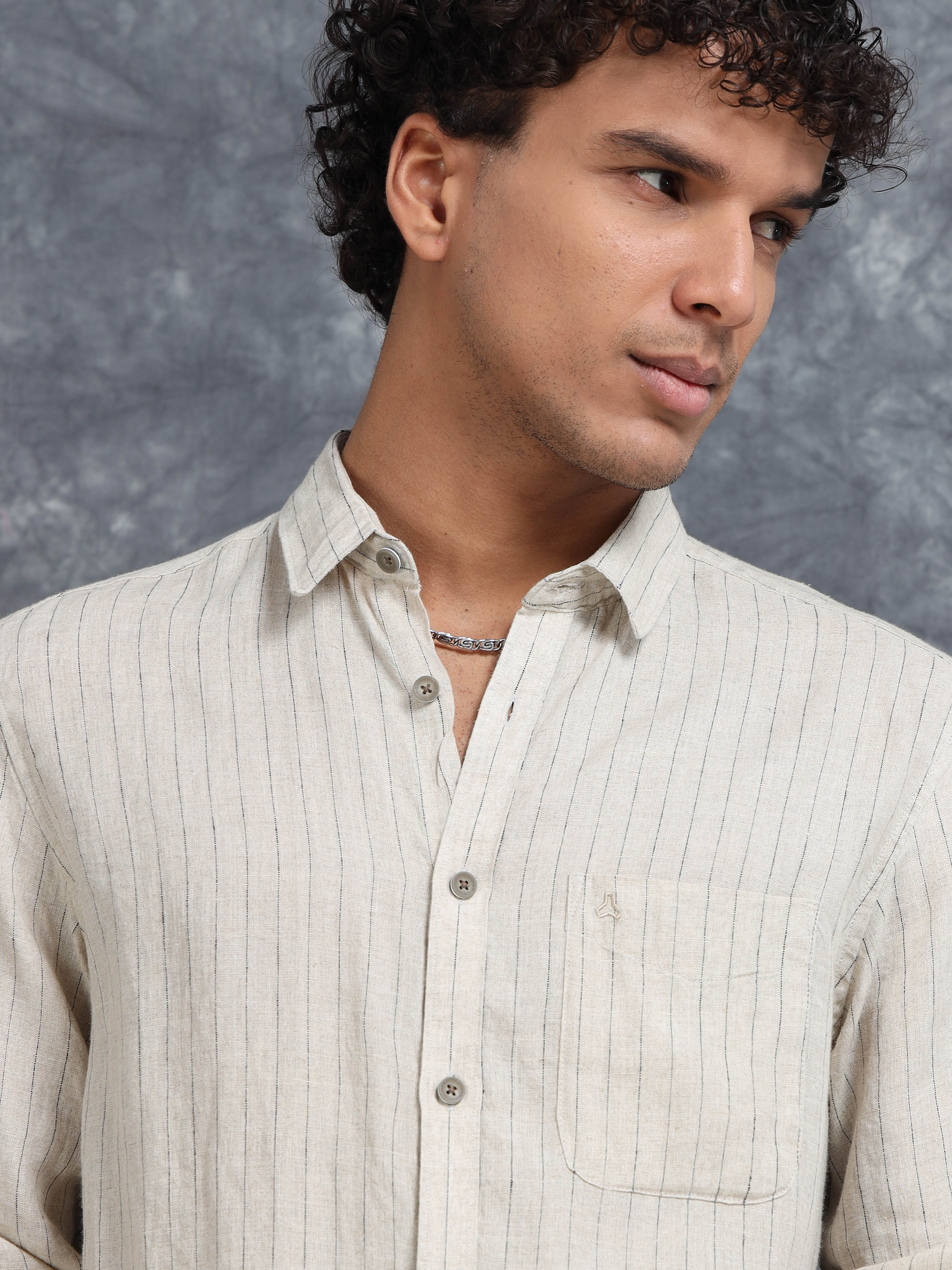 MEN'S DK.BEIGE STRIPES SLIM FIT LINEN SHIRT