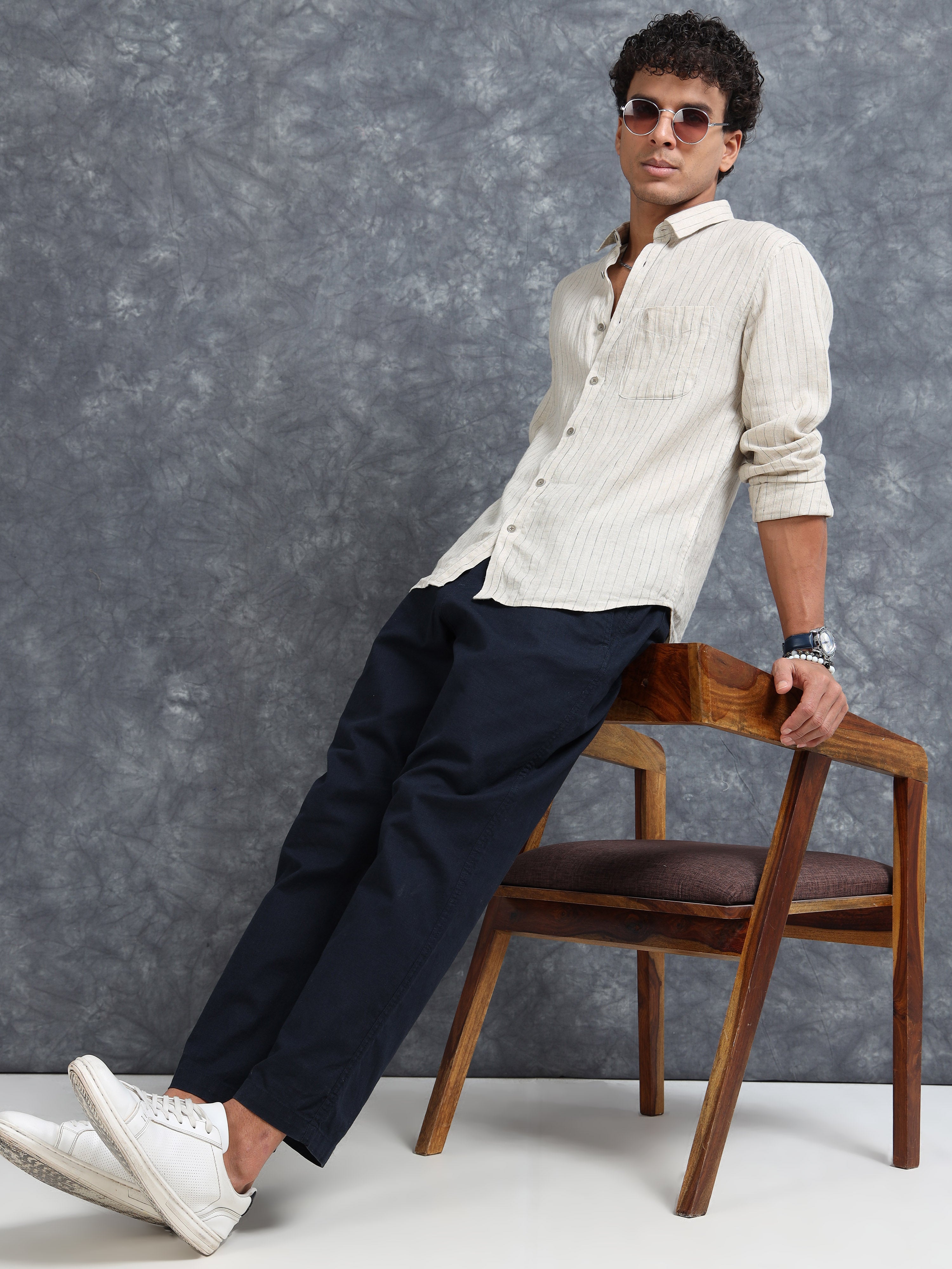 MEN'S DK.BEIGE STRIPES SLIM FIT LINEN SHIRT