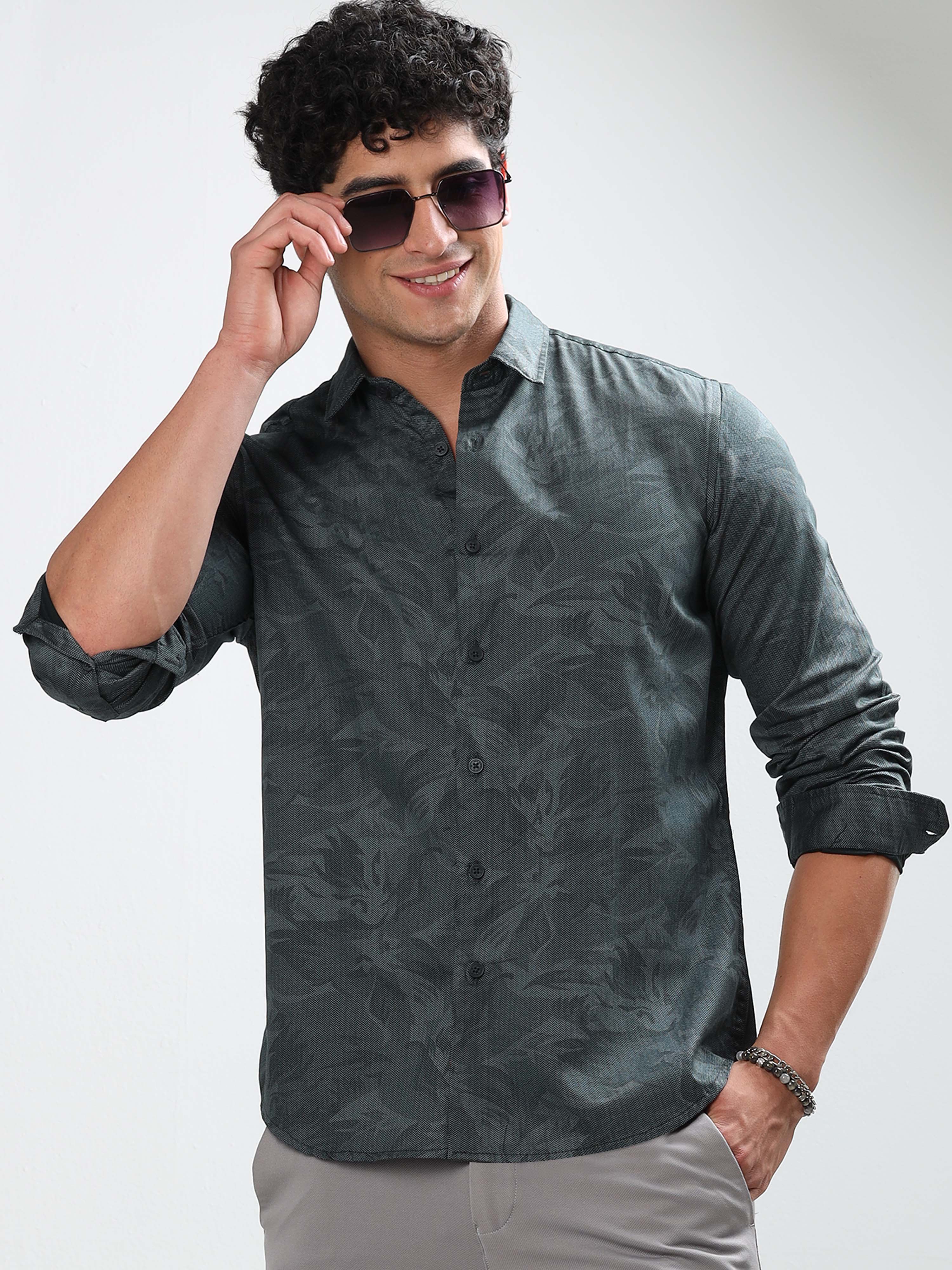 MEN'S GREEN PRINT SLIM FIT SHIRT