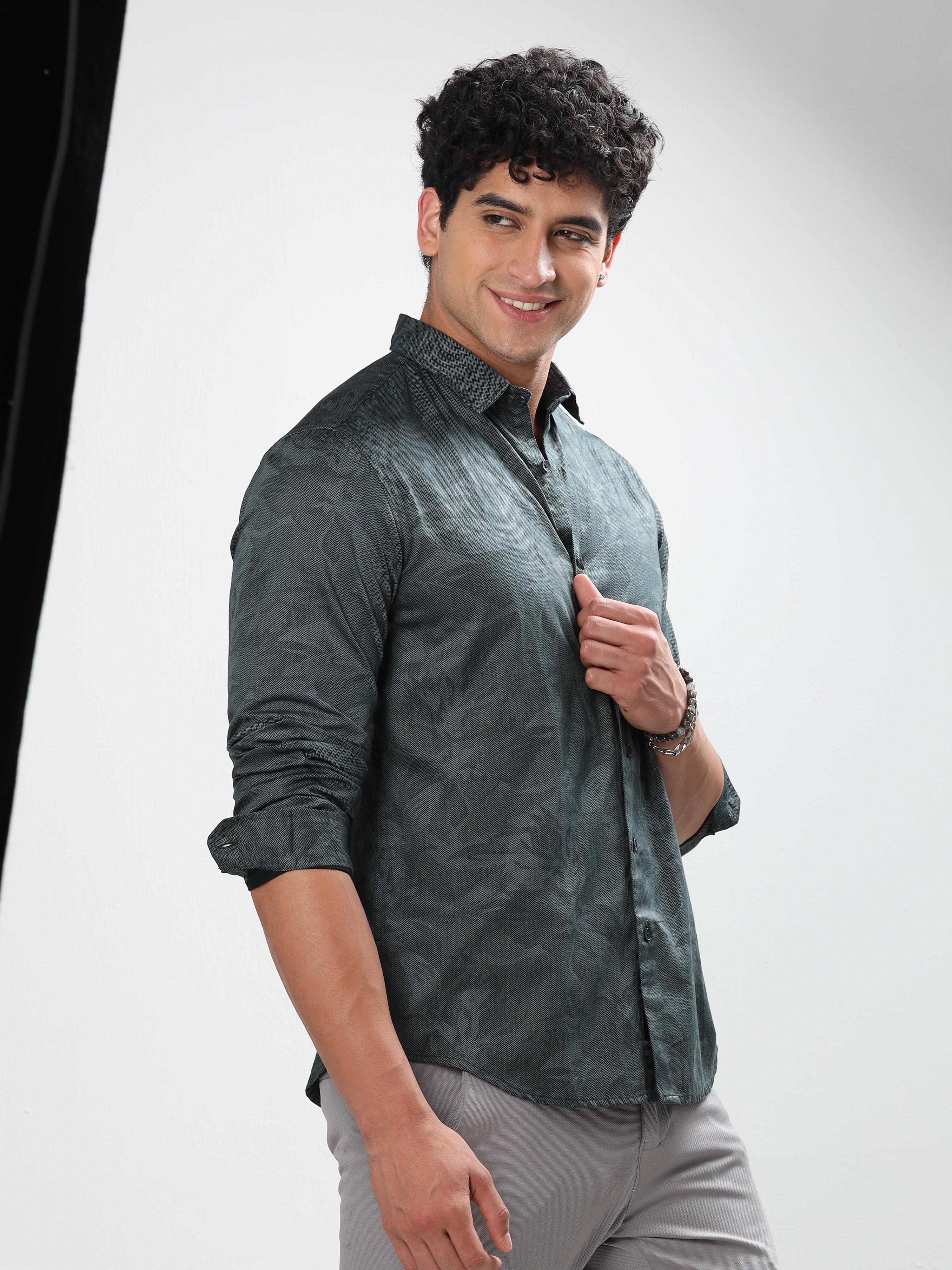 MEN'S GREEN PRINT SLIM FIT SHIRT