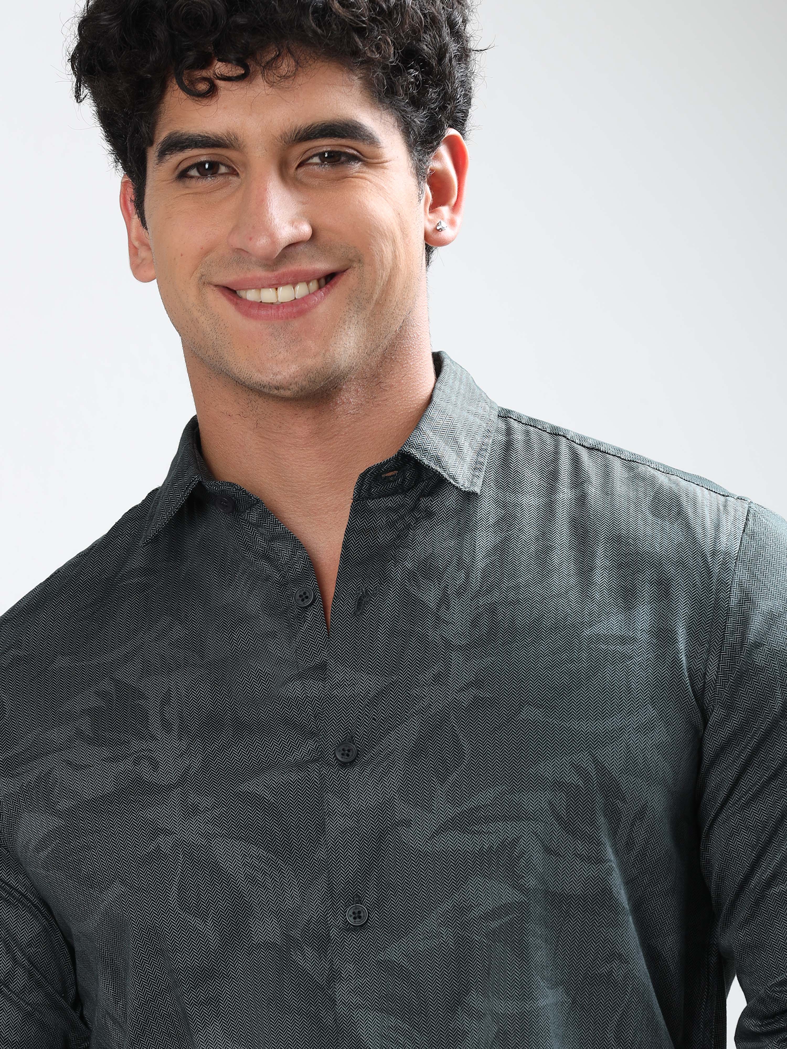 MEN'S GREEN PRINT SLIM FIT SHIRT