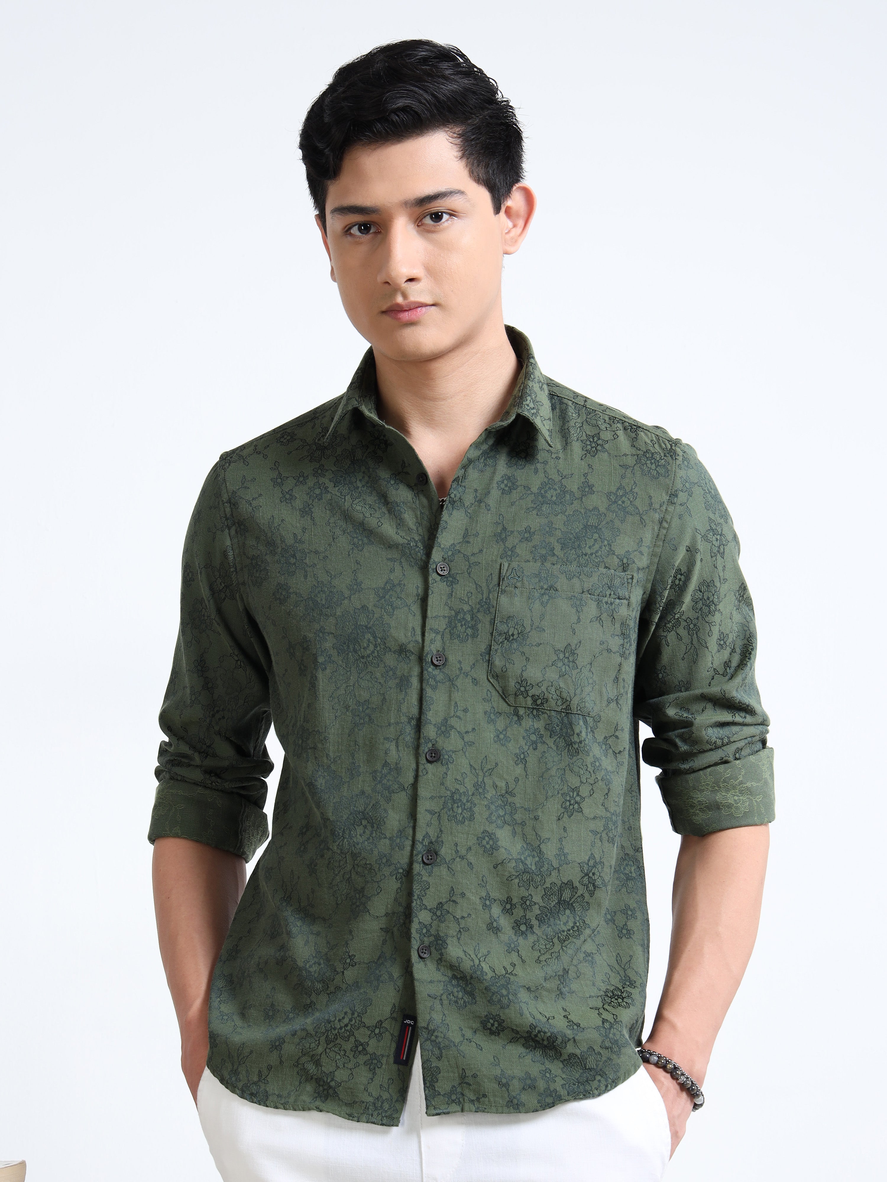 MEN'S GREEN SELF DESIGN SLIM FIT SHIRT