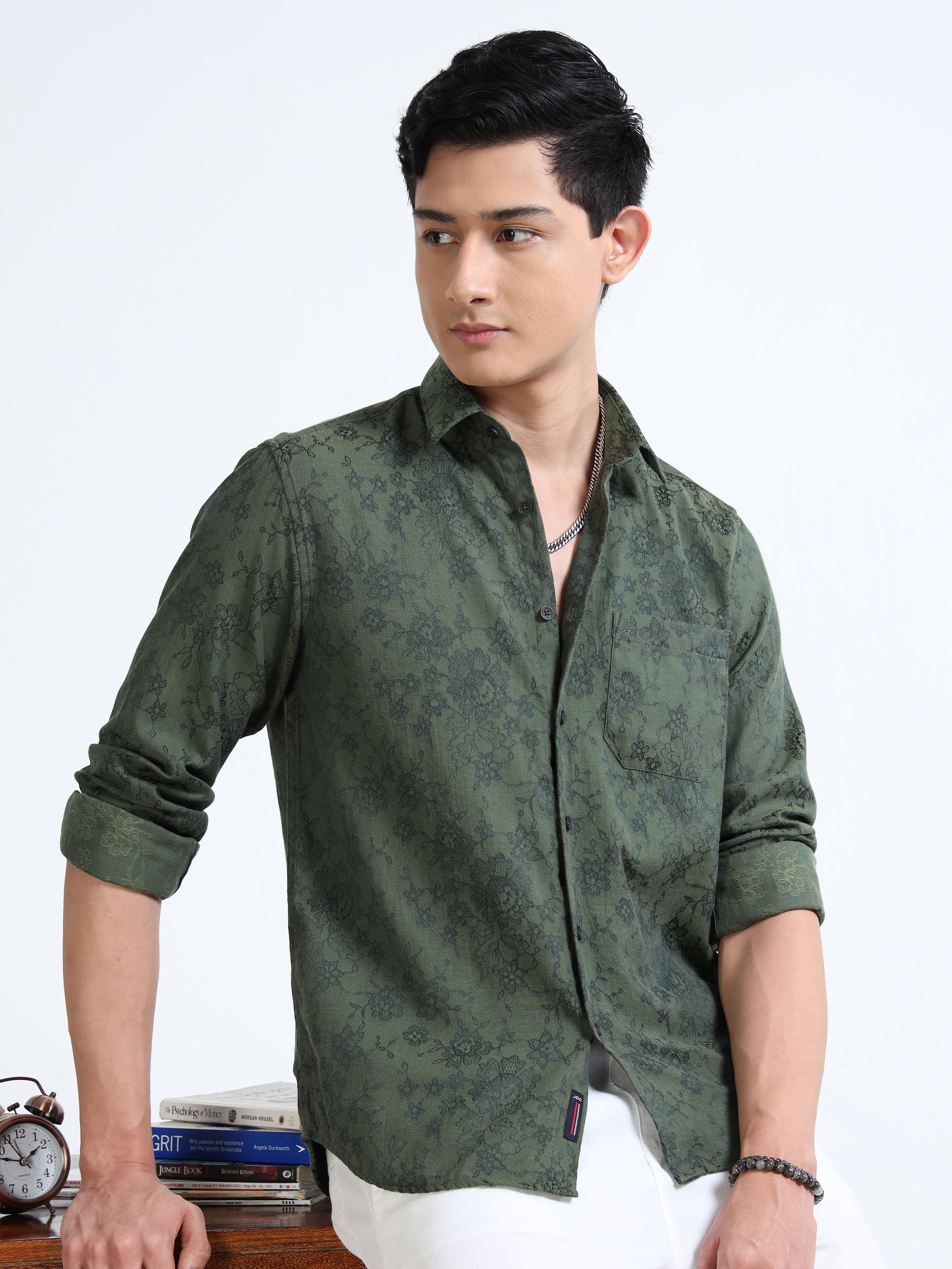 MEN'S GREEN SELF DESIGN SLIM FIT SHIRT