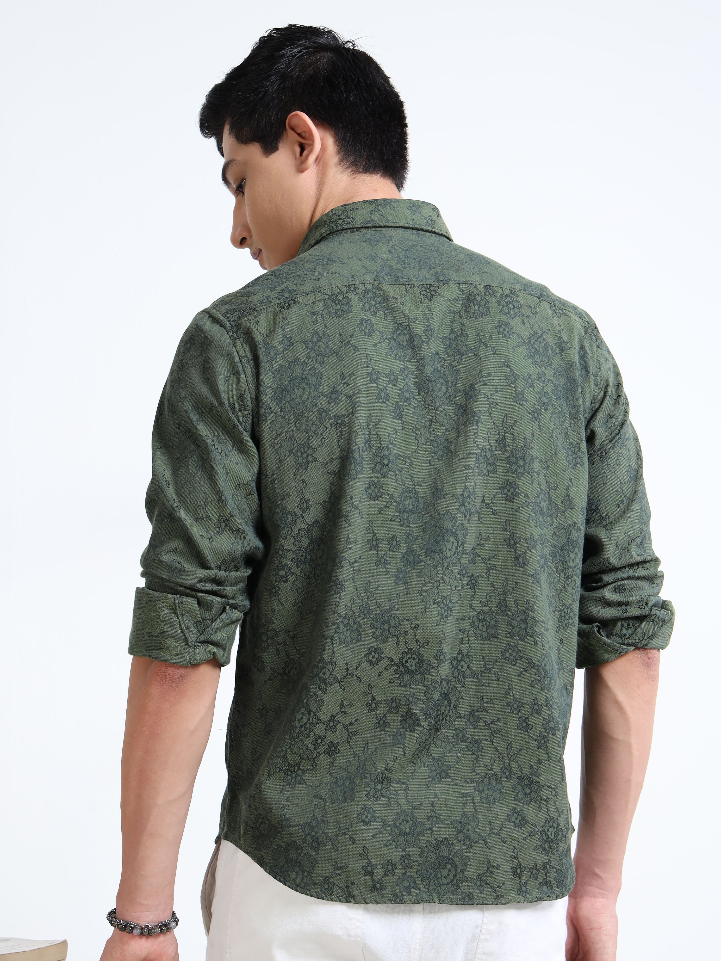 MEN'S GREEN SELF DESIGN SLIM FIT SHIRT