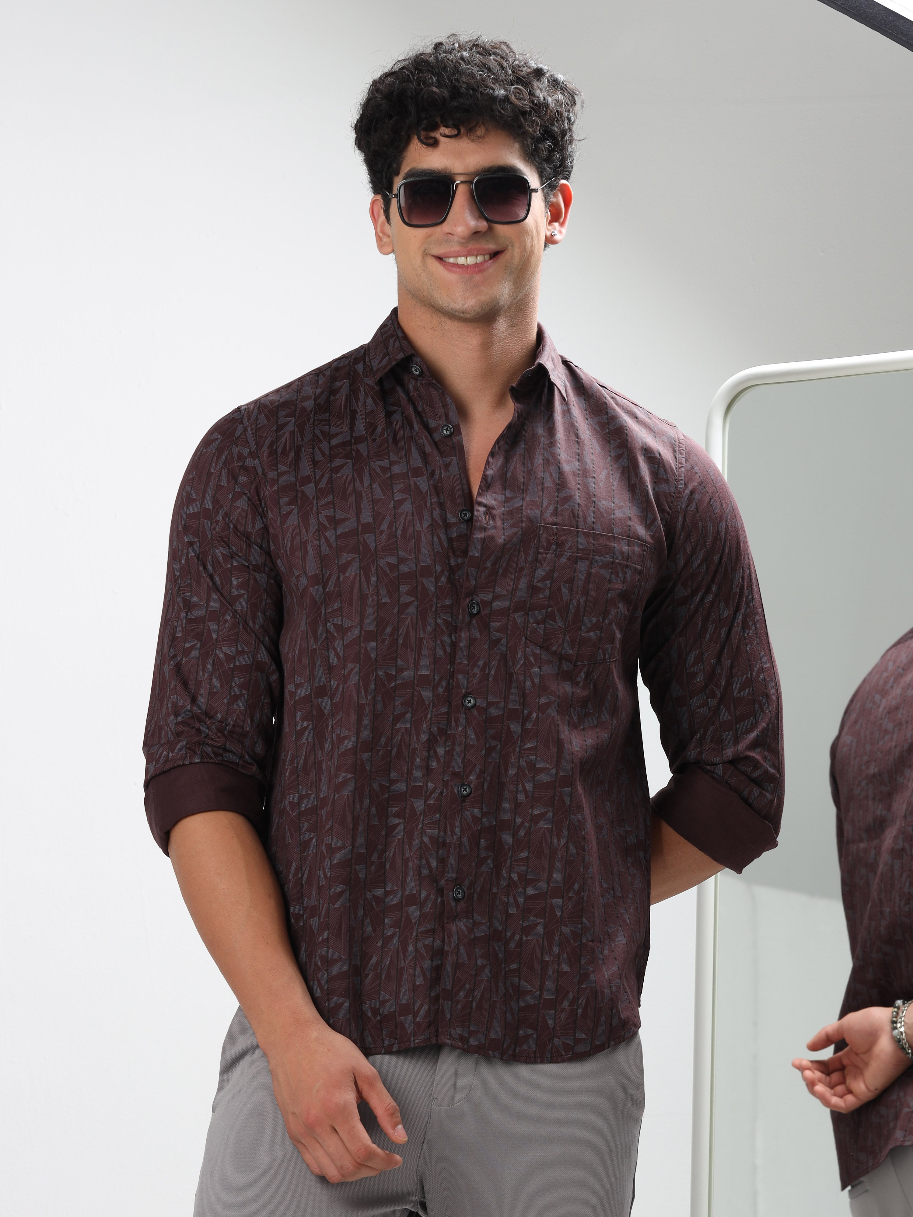 MEN'S MAROON PRINT SLIM FIT SHIRT