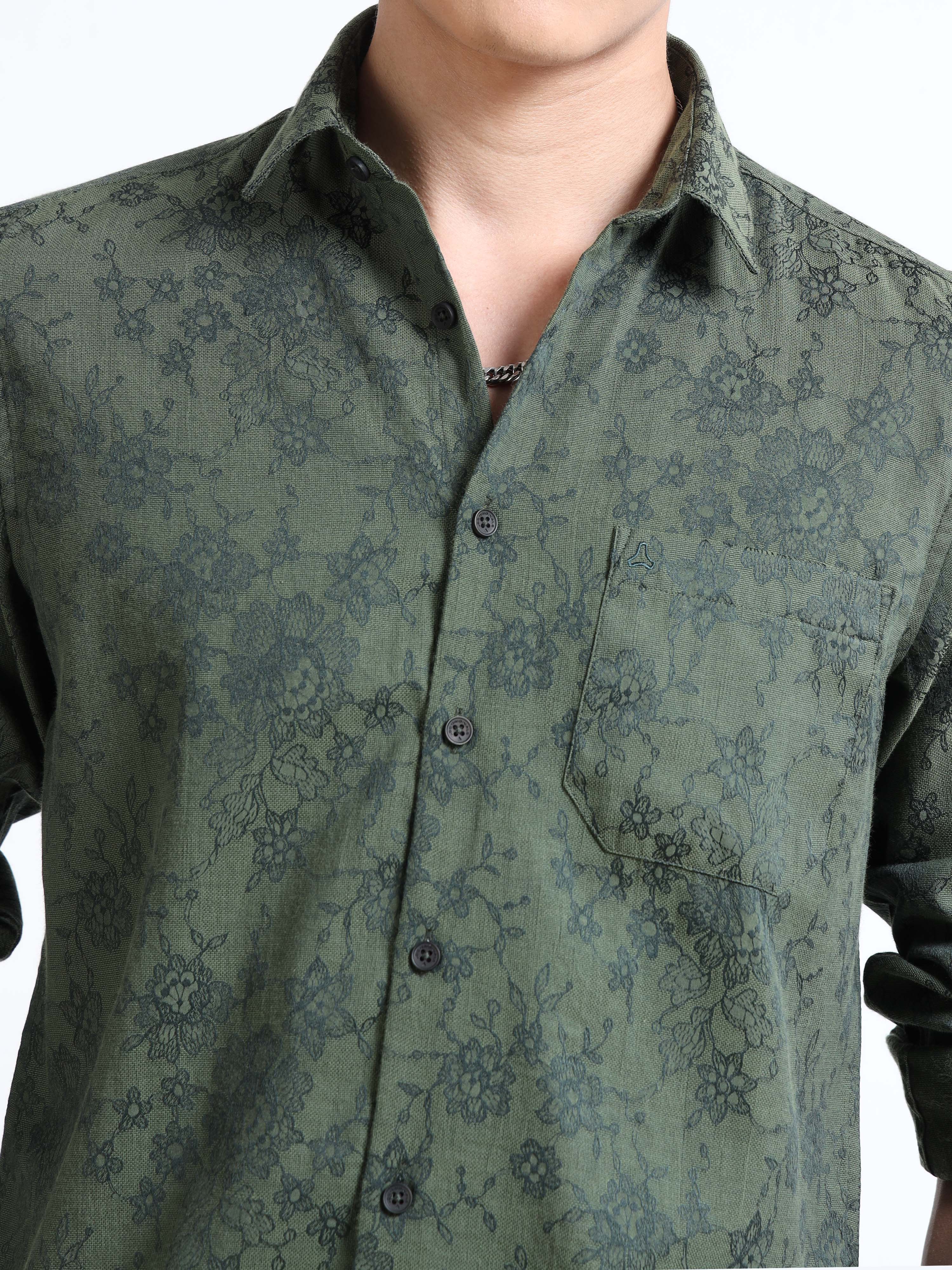 MEN'S GREEN SELF DESIGN SLIM FIT SHIRT