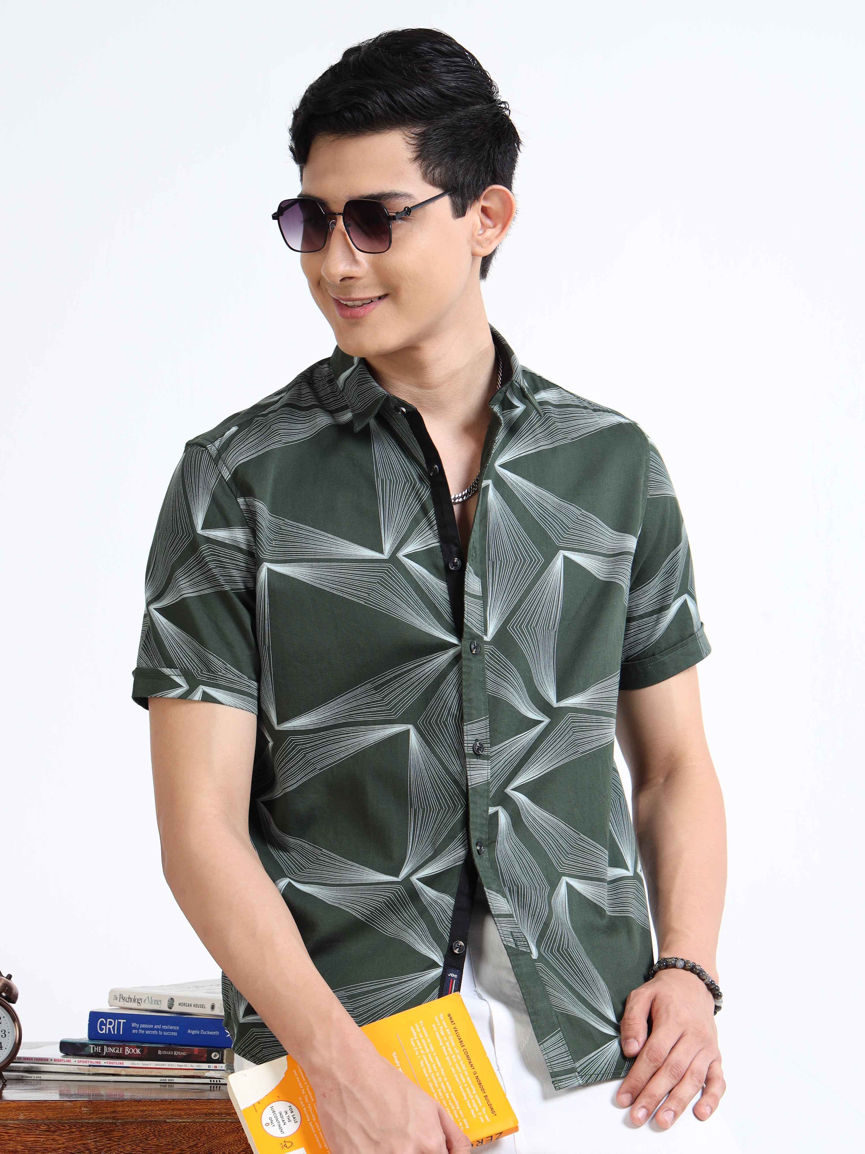 MEN'S GREEN PRINT SLIM FIT SHIRT